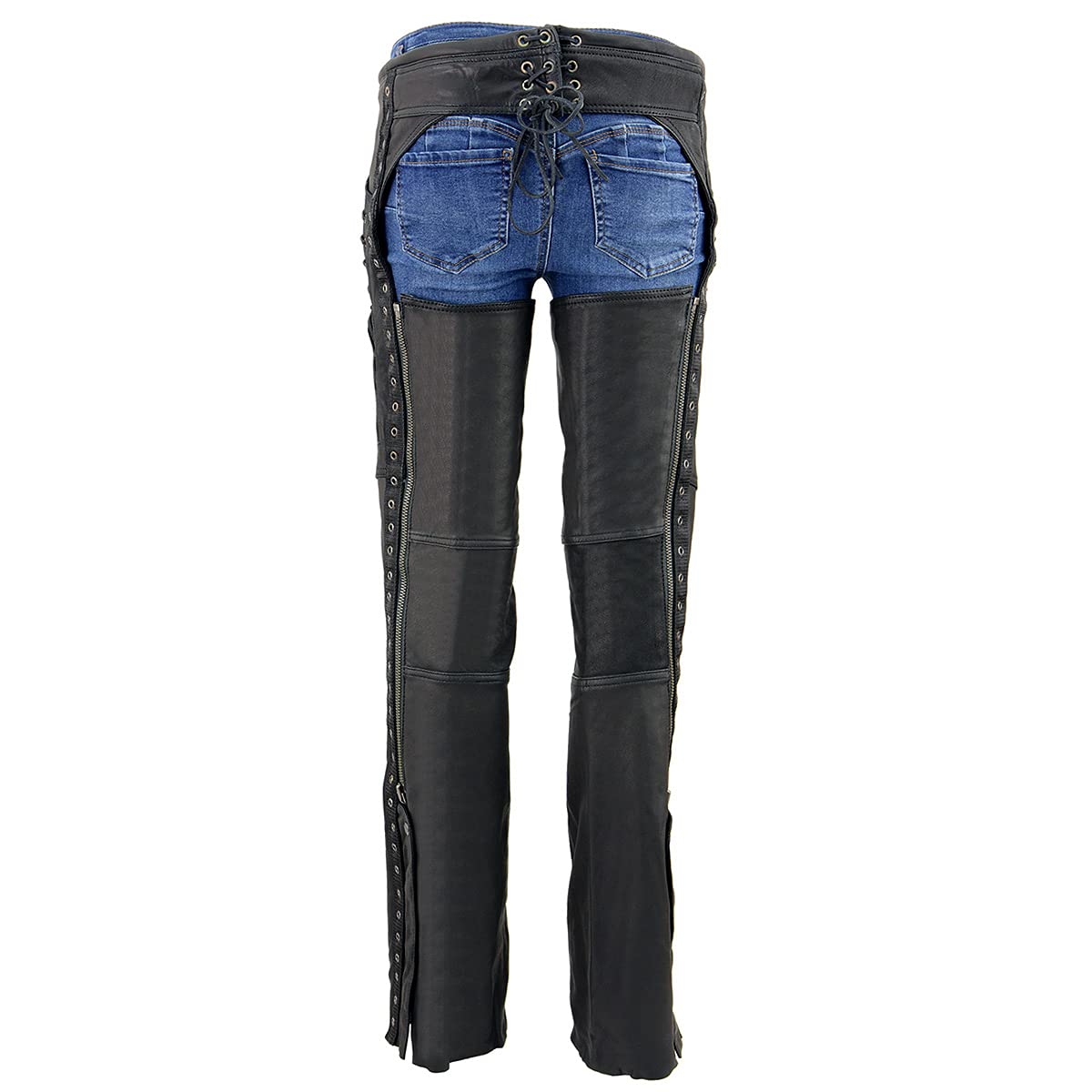 Premium Black Goat Skin Leather Motorcycle Chaps for Women - Lightweight, Durable & Stylish with Accent Lacing | Perfect for Riding, Biker Events & Outdoor Adventures - MLL6535