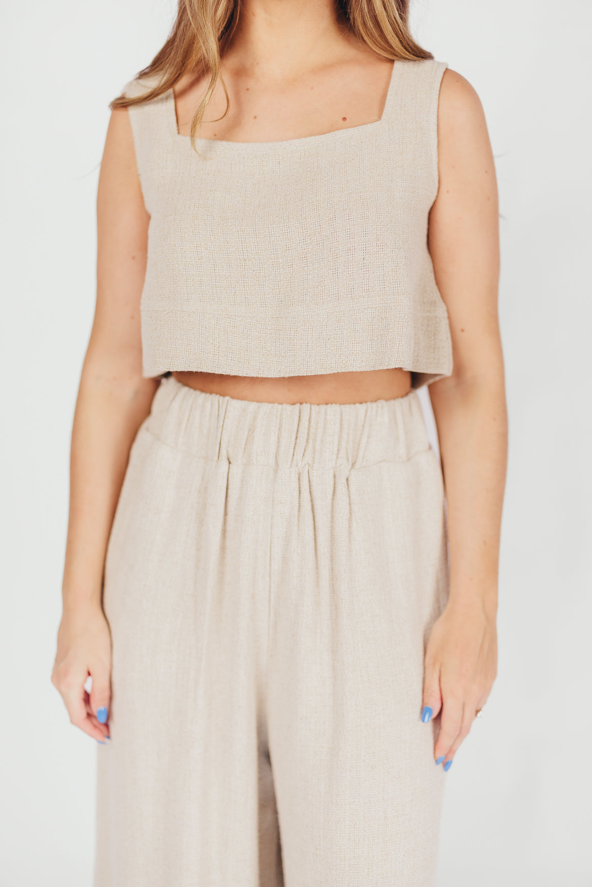 Christy Women's Linen Blend Sleeveless Cropped Top in Sand | Breathable Summer Casual Shirt for Beach, Vacation & Everyday Wear