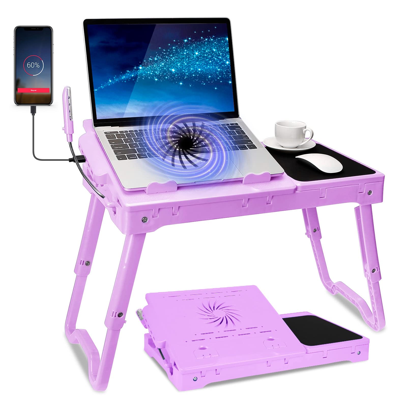 Adjustable Laptop Bed Table with Cooling Fan - Portable Foldable Lap Desk for Couch, Sofa & Bed - Includes LED Light, 4 USB Ports, Storage Drawer & Mouse Pad (Purple) - Perfect for Work, Study & Entertainment in Bed or Living Room