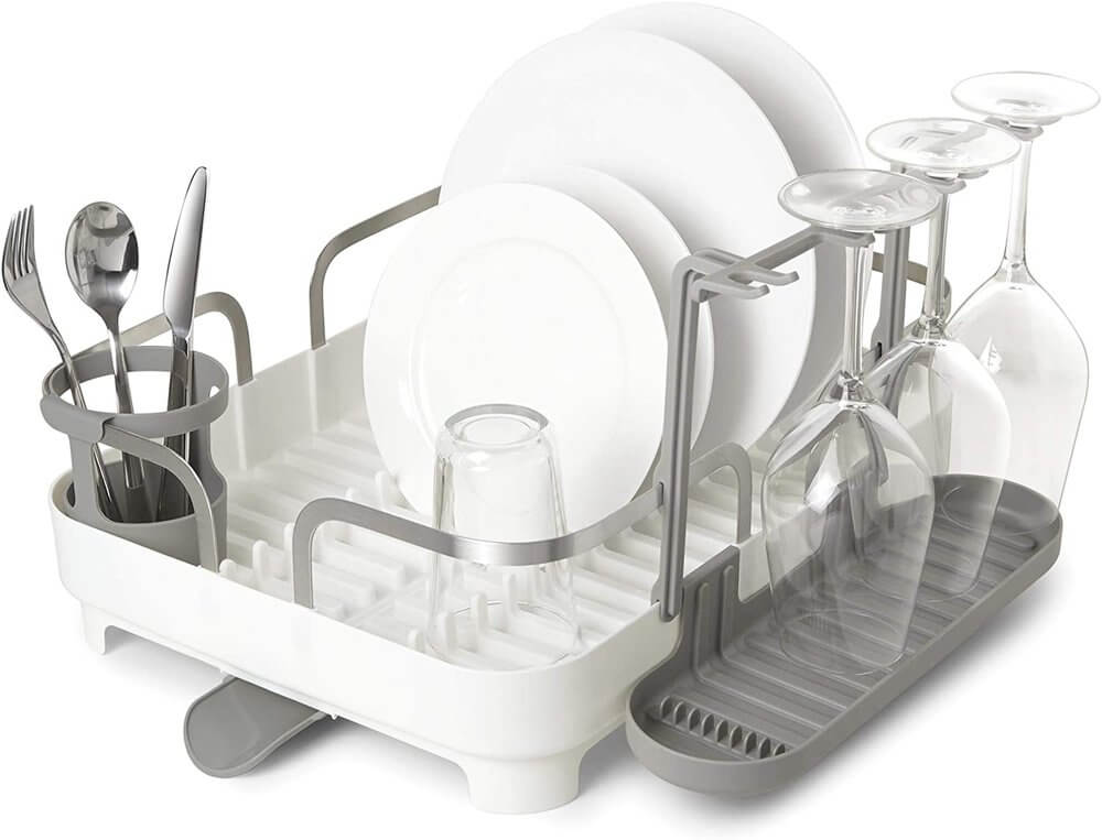 Umbra Holster Deluxe Dish Rack - White | Modern Countertop Dish Drying Rack with Utensil Holder | Perfect for Small Kitchens, Apartments & RVs