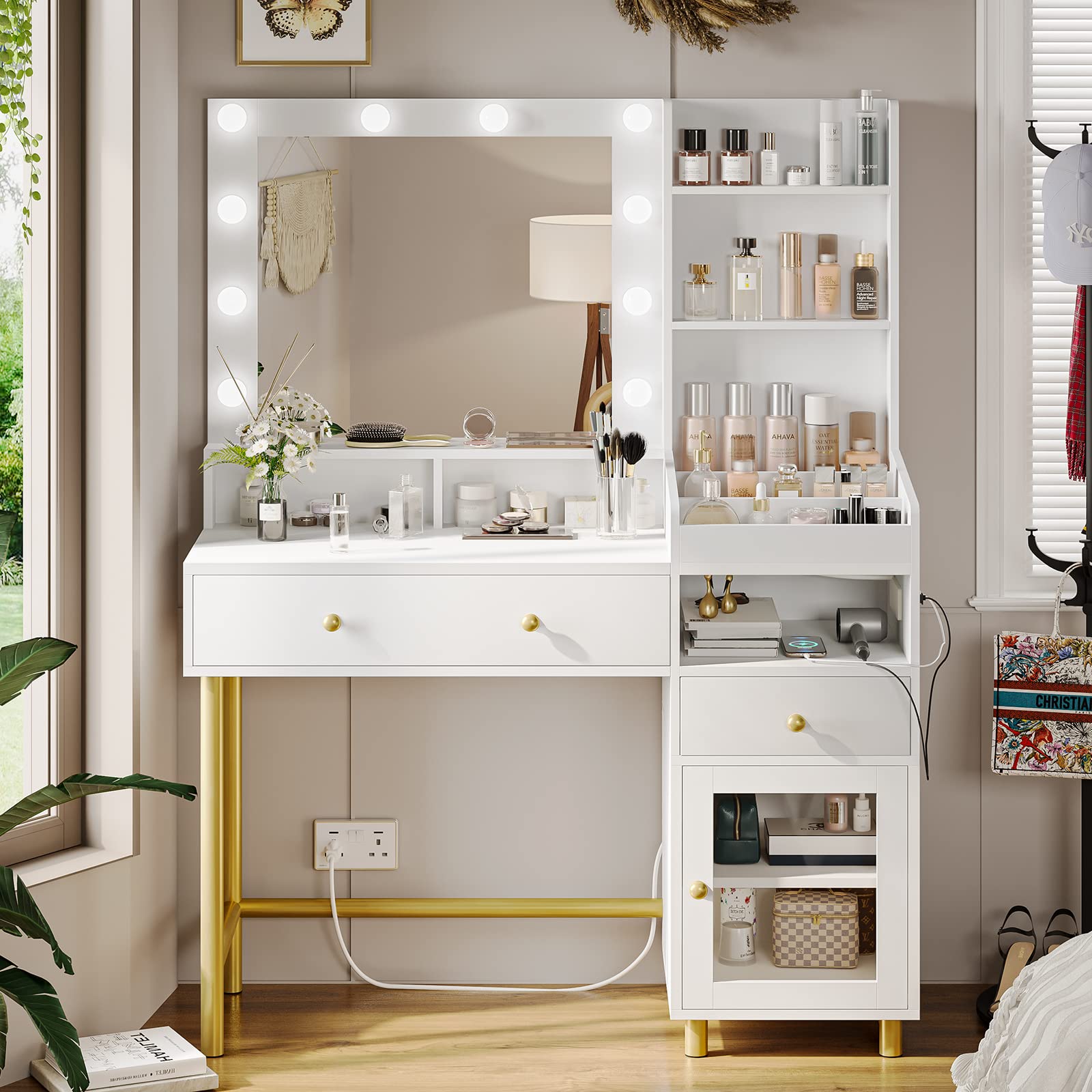 VIAGDO White Vanity Desk with Mirror and LED Lights - Makeup Dressing Table with USB Charging Station, 3 Storage Compartments & Drawers - Bedroom Vanity Desk for Women with Open Shelves - Perfect for Makeup Organization, Skincare Routine and Small Space Bedrooms