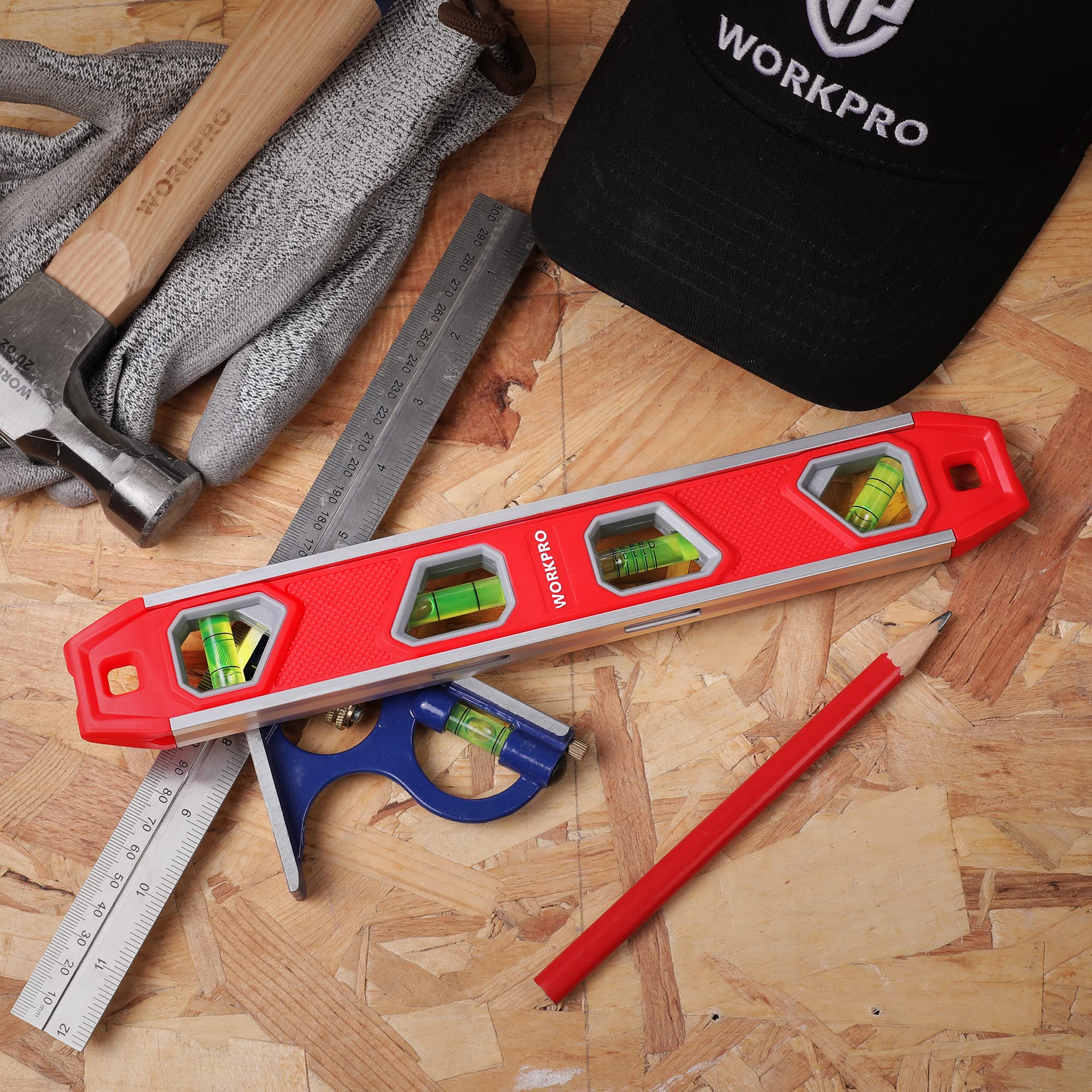 WORKPRO 12 Inch Magnetic Torpedo Level - Aluminum Reinforced with 4 Bubbles & V-Groove for Conduit Bending - Perfect for Plumbing, Construction, and DIY Home Improvement Projects
