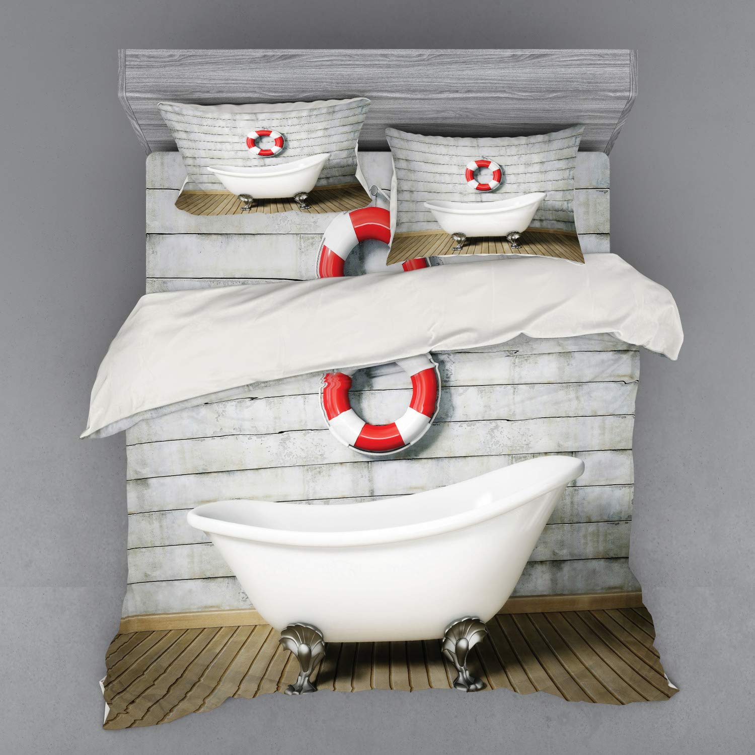 Ambesonne Vintage Duvet Cover Set - 4 Piece King Size Bedding with Shams & Fitted Sheet | Classic Floral Nautical Design in White, Red & Grey | Perfect for Coastal, Farmhouse or Vintage Themed Bedrooms