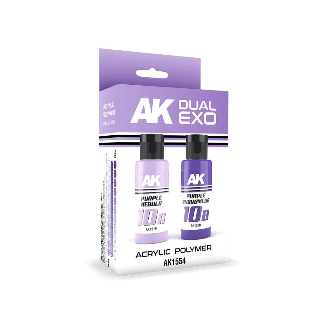 AK Interactive AK1554 Dual Exo Set - 10A Purple Nebula & 10B Purple Andromeda Acrylic Paints for Miniature & Model Painting - Perfect for Warhammer, Gundam, and Scale Models