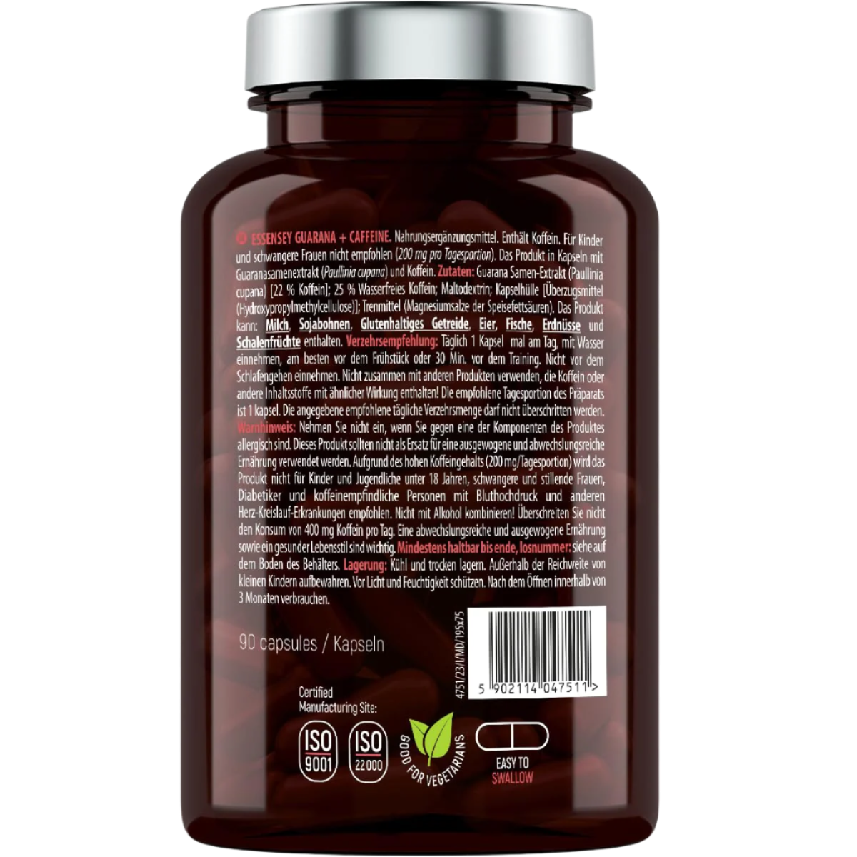 Essensey Guarana + Caffeine Supplement | 228mg Guarana & 150mg Caffeine per Serving | Natural Energy Booster for Focus & Endurance | 90 Capsules | Perfect for Workouts, Studying & Long Workdays