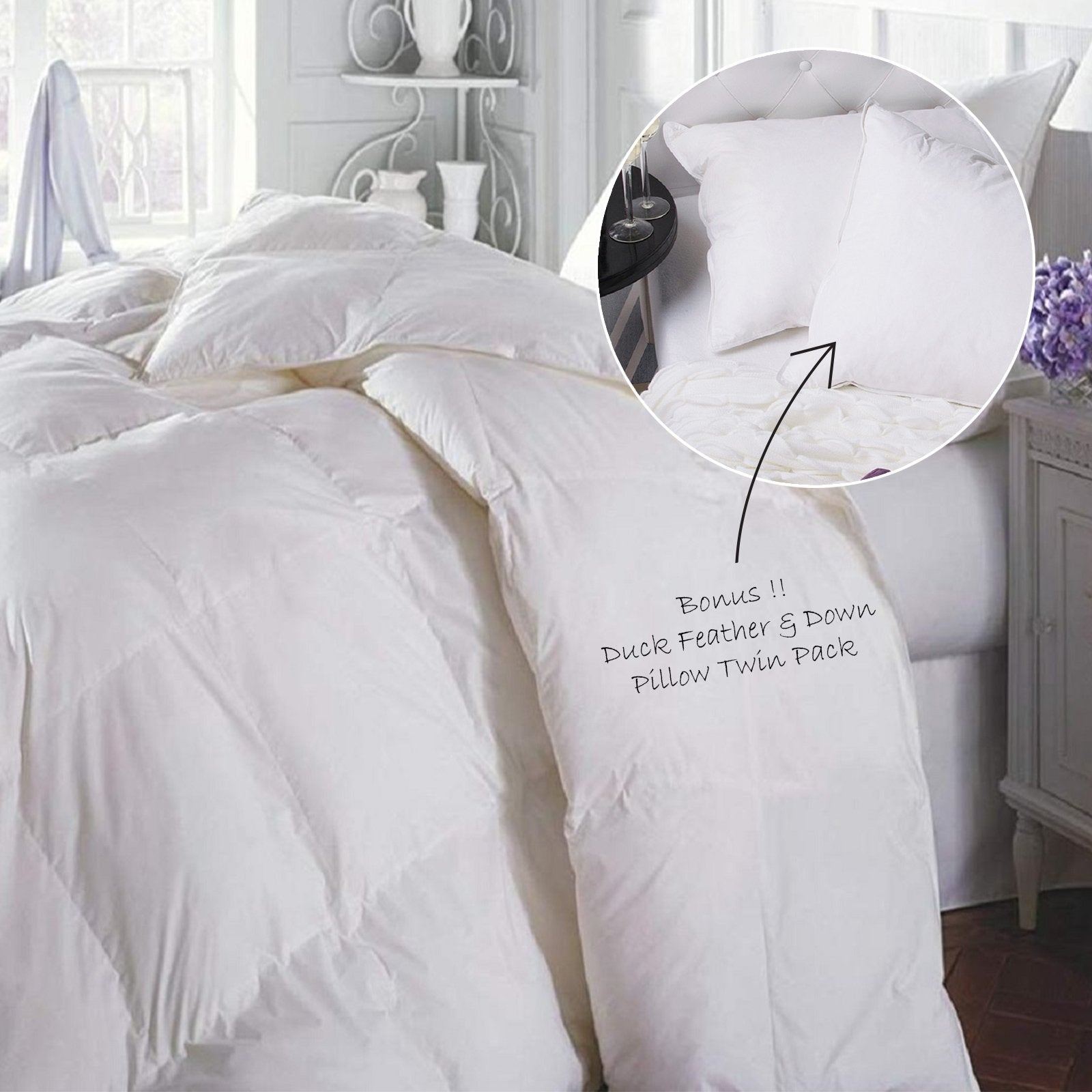 Premium 500GSM Duck Feather & Down Comforter Set with 2 Pillows - Single Size White Bedding for Cozy Winter Nights & Luxury Hotel-Style Sleep