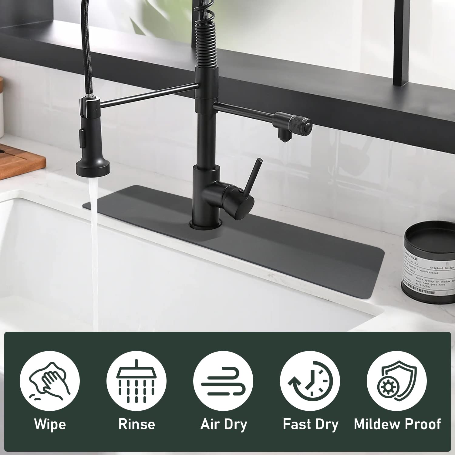 LOPNUR 24 Inch Kitchen Sink Faucet Mat - Super Absorbent Diatomite Splash Guard for Sink Protector, Cuttable Bathroom Water Barrier, Fast Drying & Non-Slip (Grey) - Perfect for Kitchen & Bathroom Sink Areas to Prevent Water Splashes & Stains
