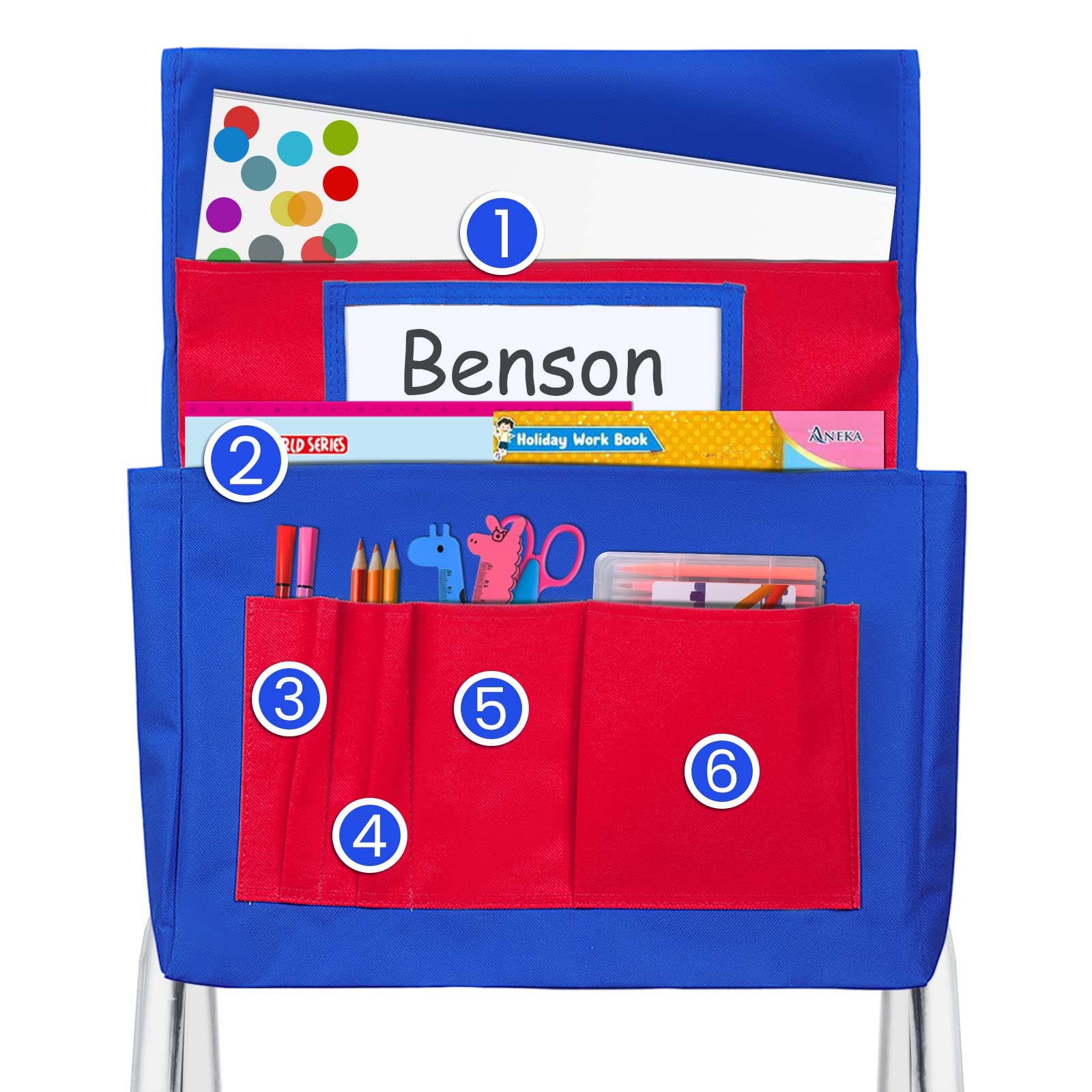 Godery Chairback Organizer - Canvas Seatback Storage Pocket for Home, Classroom & Team Use - Perfect for Kids, Teachers & Parents (Red) - Keep Books, Supplies & Essentials Handy