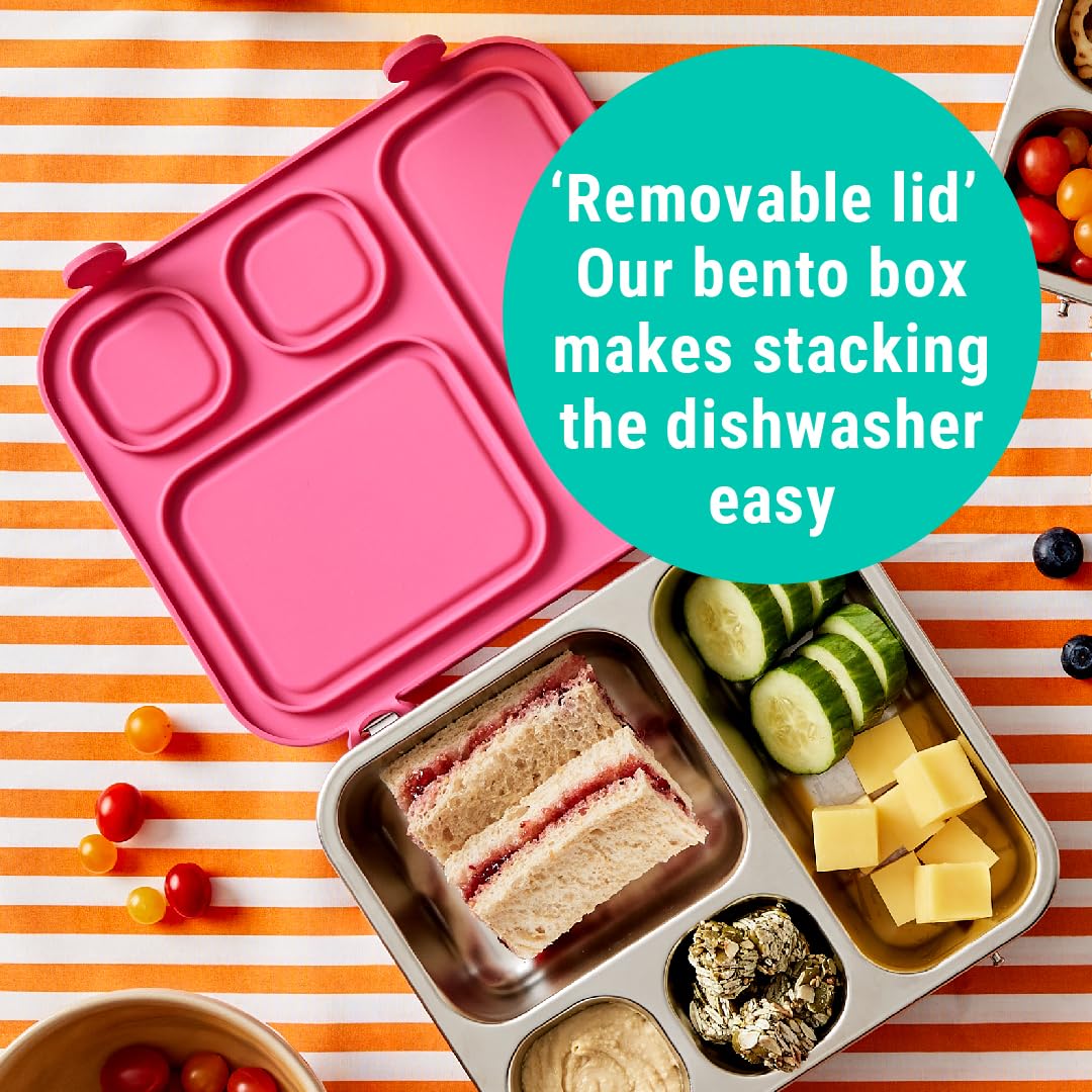 Elk and Friends Kids Stainless Steel Bento Box with Silicone Lid - Leak-proof 4 Compartment Lunch Container for Toddlers | Dishwasher Safe | Perfect for School, Picnics & Travel