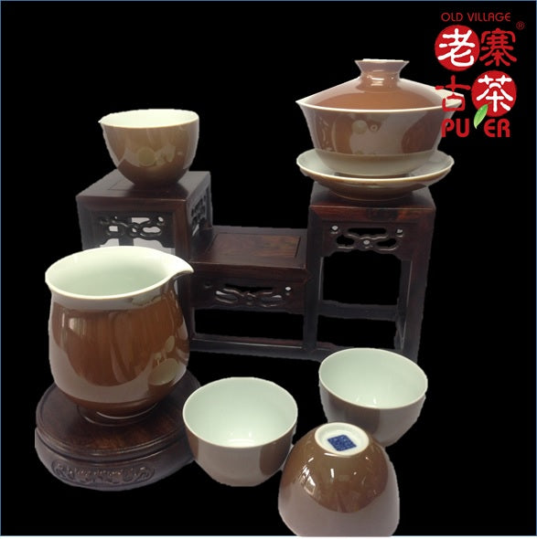 Premium Porcelain Tea Set of 6 Pieces from Jingdezhen - Luxury Gift Chinese Tea Ceremony Set with Purple-Gold Glaze | Perfect for Home Tea Parties, Wedding Gifts & Zen Decor