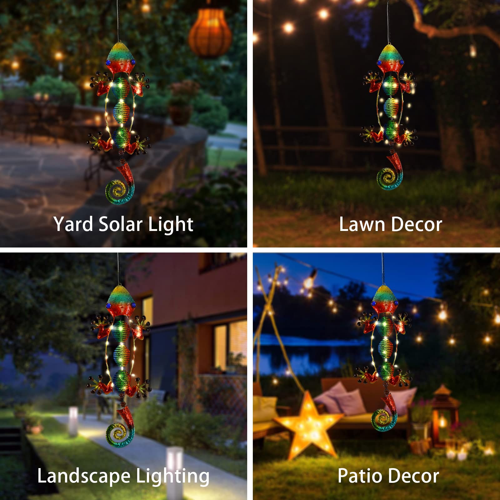 Solar Powered Hanging Lanterns - Waterproof Metal Gecko Outdoor Lights for Backyard, Porch, Patio, Garden, Pathway - Decorative Lighting for Camping, BBQ Parties & Evening Ambience