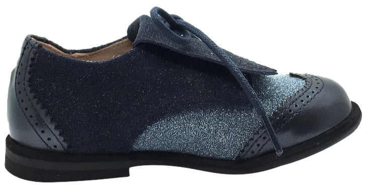 **Boys & Girls Navy Blue Sparkle Fringe Leather Oxford Shoes – Stylish Tri-Color Lace-Up for School, Parties & Special Occasions**