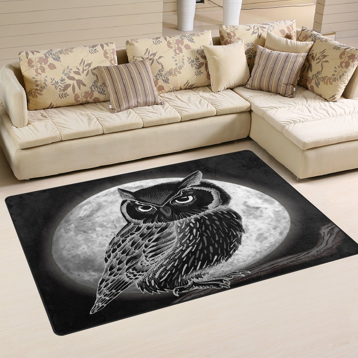 ALAZA Black Night Owl Bird Area Rug - 60x39 Inch Non-Slip Living Room Bedroom Carpet - Perfect for Home Decor, Nursery & Dorm Room