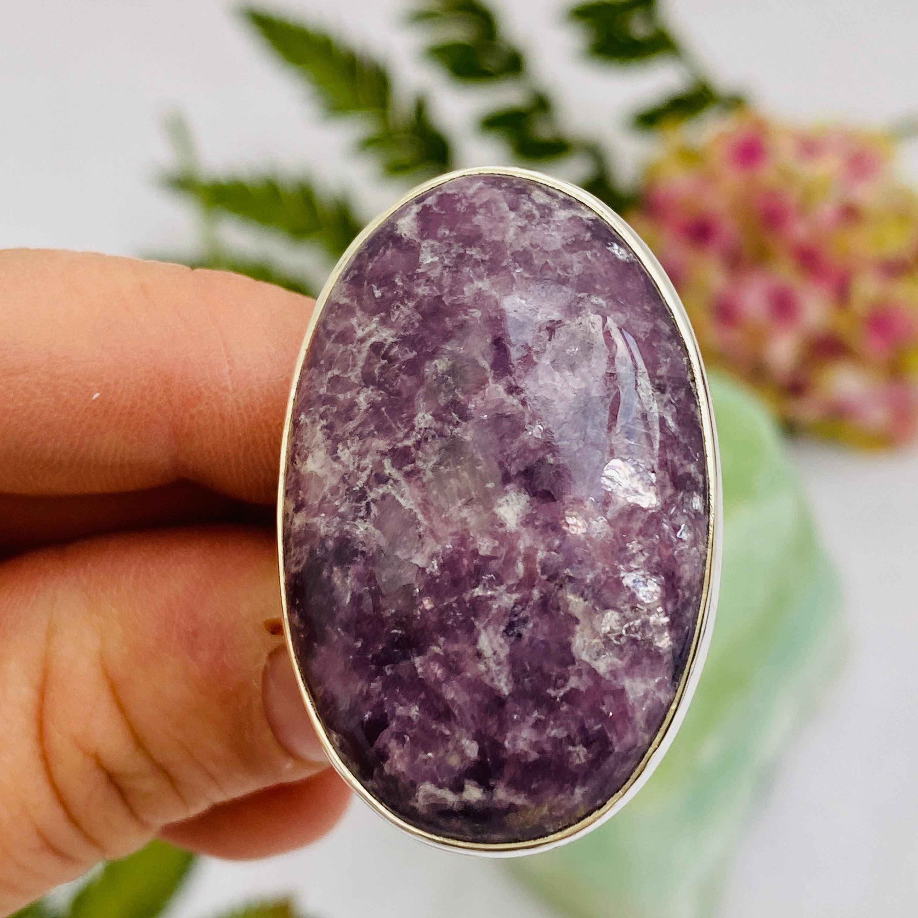 Natural Lepidolite Oval Ring - Size 10 - KRGJ2058 - Healing Crystal Jewelry for Stress Relief & Emotional Balance - Perfect for Meditation, Yoga & Spiritual Practices