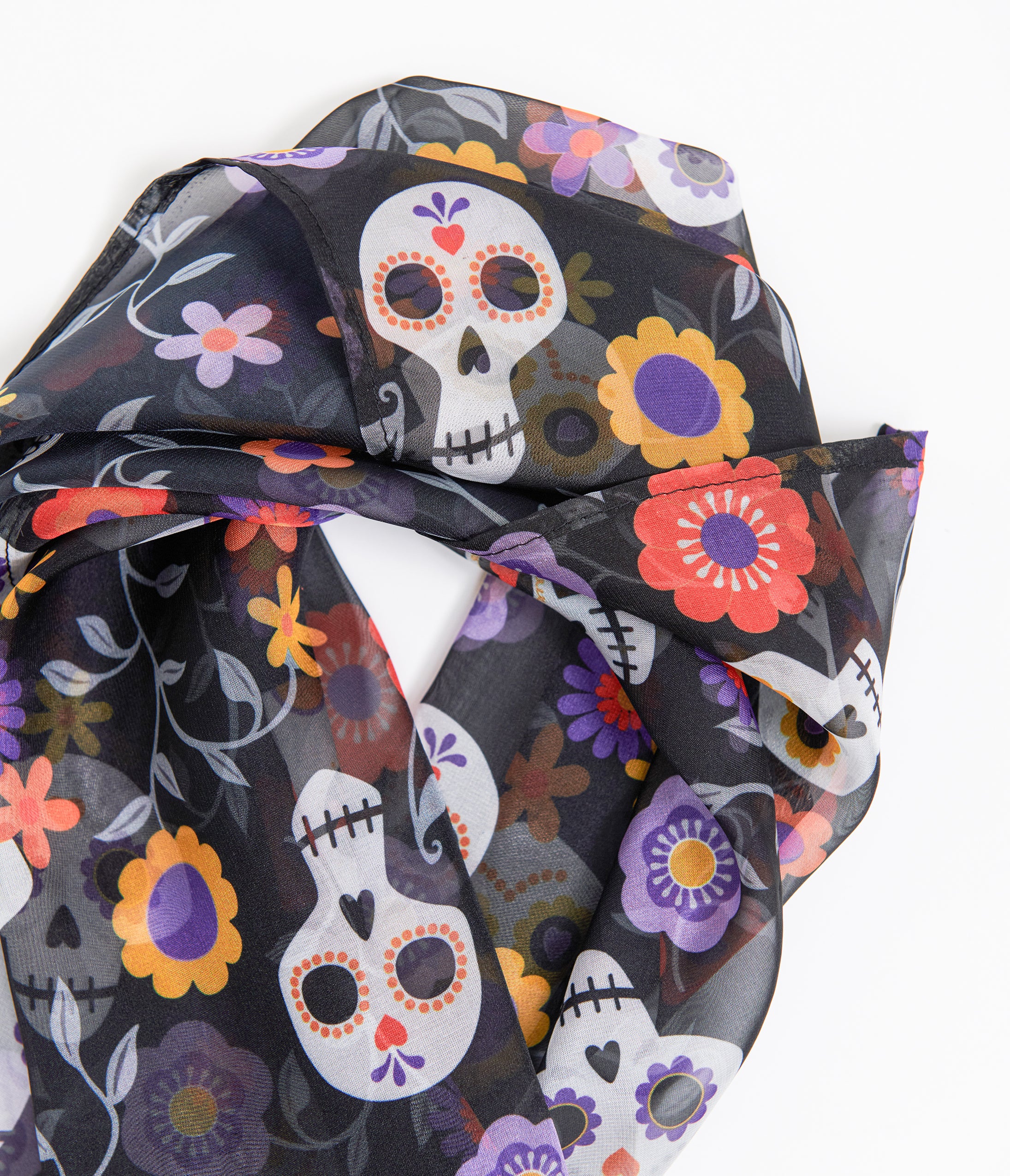 Vintage 1950s Sugar Skull Hair Scarf - Day of the Dead Print Bandana - Perfect for Halloween Costumes, Mexican Fiesta, and Retro Fashion Accessories