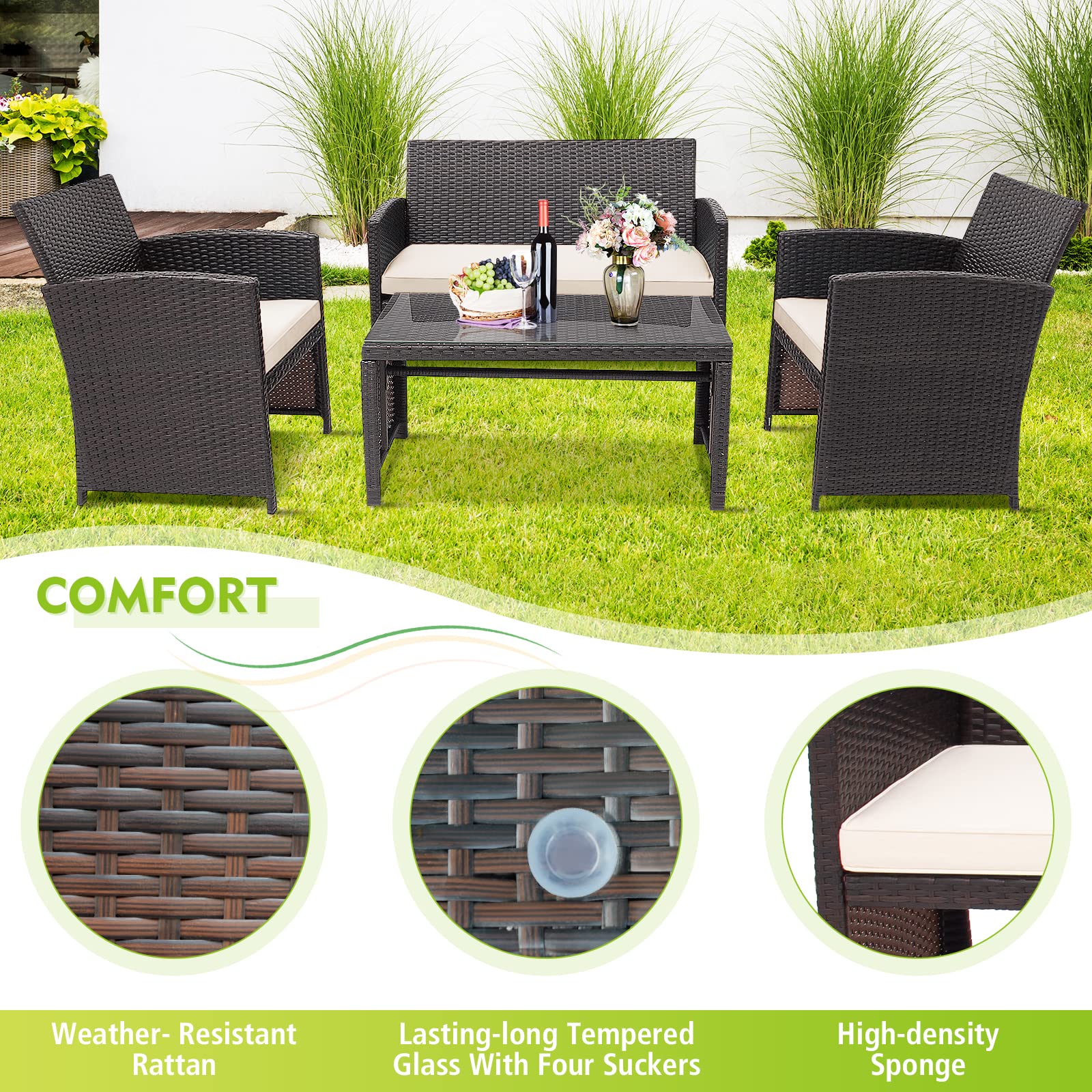 RELAX4LIFE 4-Piece Outdoor Patio Furniture Set with Cushions - Wicker Conversation Set Includes 2 Chairs, Loveseat & Tempered Glass Coffee Table - White Garden Furniture for Backyard, Porch, Poolside & Outdoor Entertaining