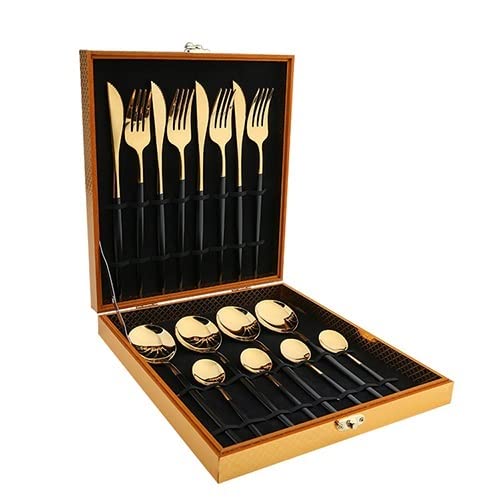 Premium 16-Piece Stainless Steel Silverware Set - Elegant Black Gold Flatware for Dining, Kitchen & Entertaining - Includes Knives, Forks & Coffee Spoons in Luxury Gift Box