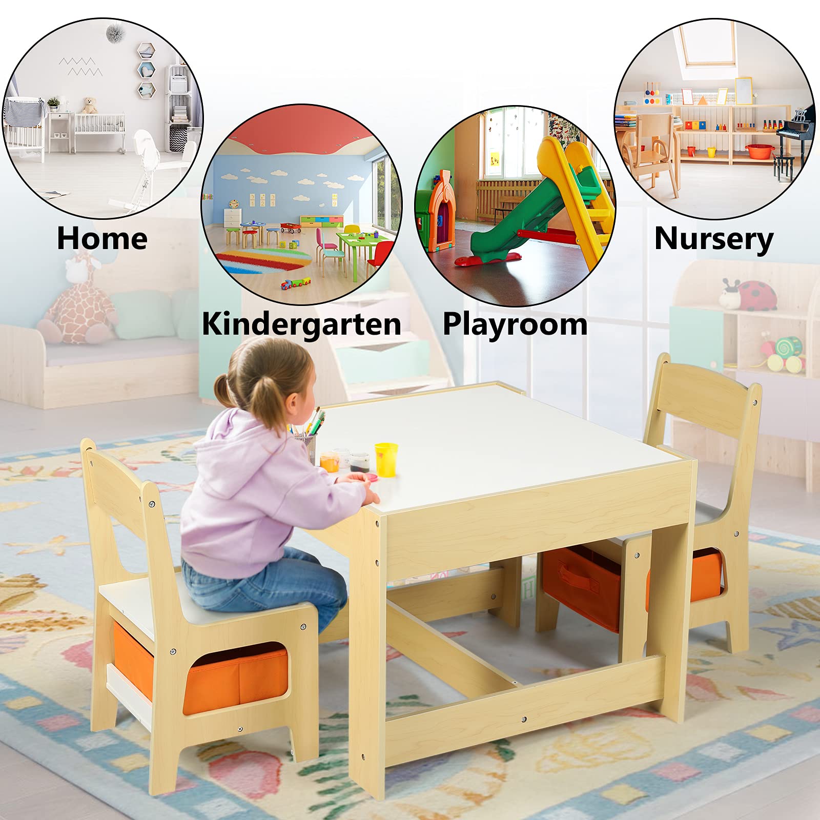 Kinder King Kids Wooden Table and 2 Chairs Set - 3-in-1 Children's Activity Table with Storage, Removable Tabletop & Blackboard - 3-Piece Toddler Furniture for Art, Drawing, Reading - Perfect for Playroom, Homeschooling & Daycare (Natural Wood)