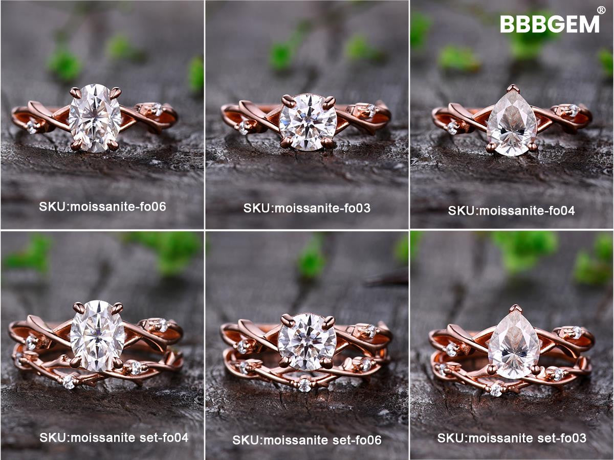 2PCS Twig Vine Oval Moissanite Solitaire Engagement Ring Set for Women - 1.5CT Oval Cut Rose Gold Wedding Band - Perfect for Proposals, Anniversaries & Bridal Jewelry