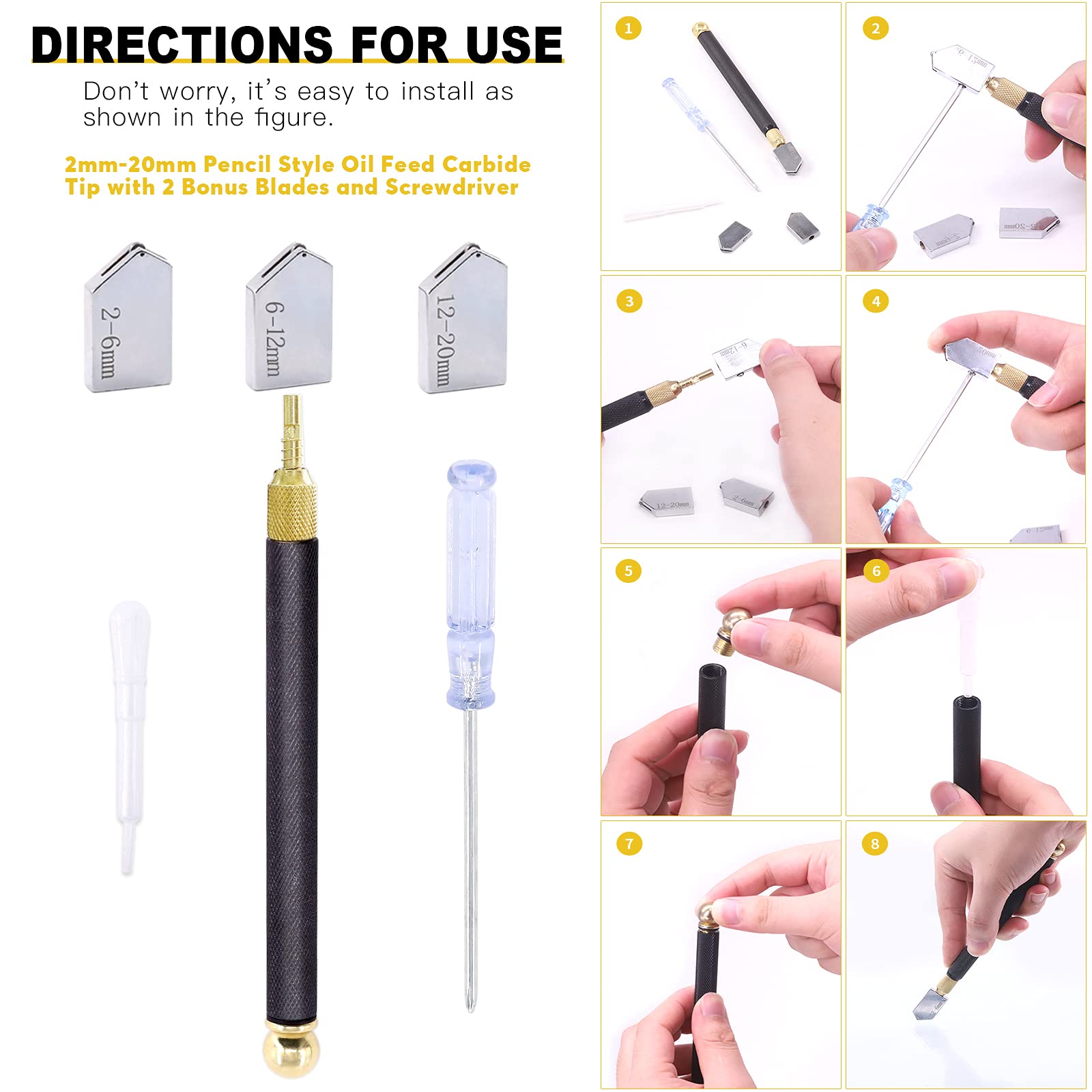 9-Piece Glass Cutting Tool Set with Adjustable Circular Cutter, Running Pliers & Carbide Tips (2mm-20mm) – Includes 3 Bonus Blades for DIY Mosaic, Mirror & Tile Projects – Perfect for Home Renovation & Crafting