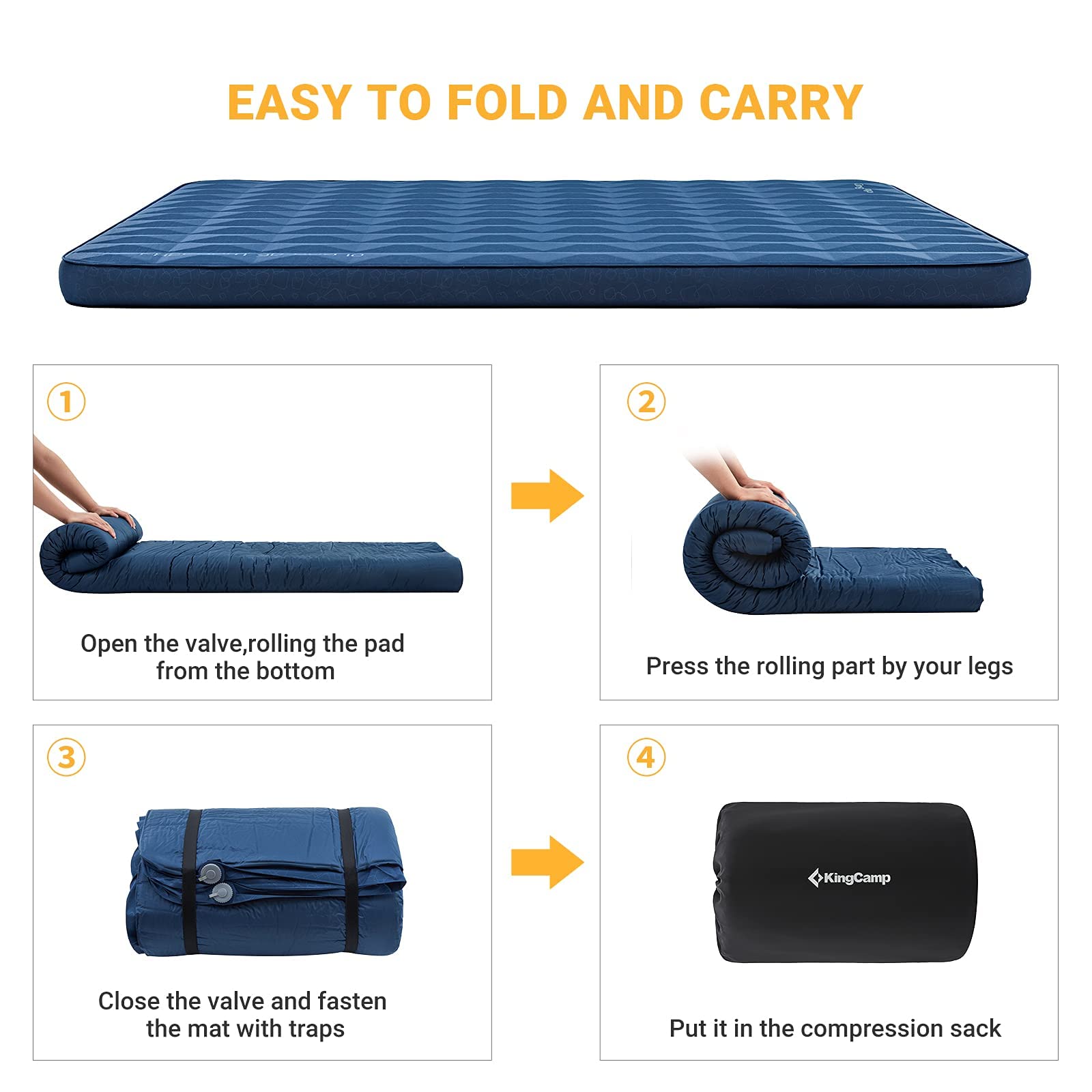 KingCamp Self-Inflating Camping Sleeping Pad with Built-in Pillow - Ultralight, Durable Air Mattress for Backpacking, Hiking & Outdoor Adventures (4 Sizes: Single/Double) - Perfect for Tents, RVs & Car Camping