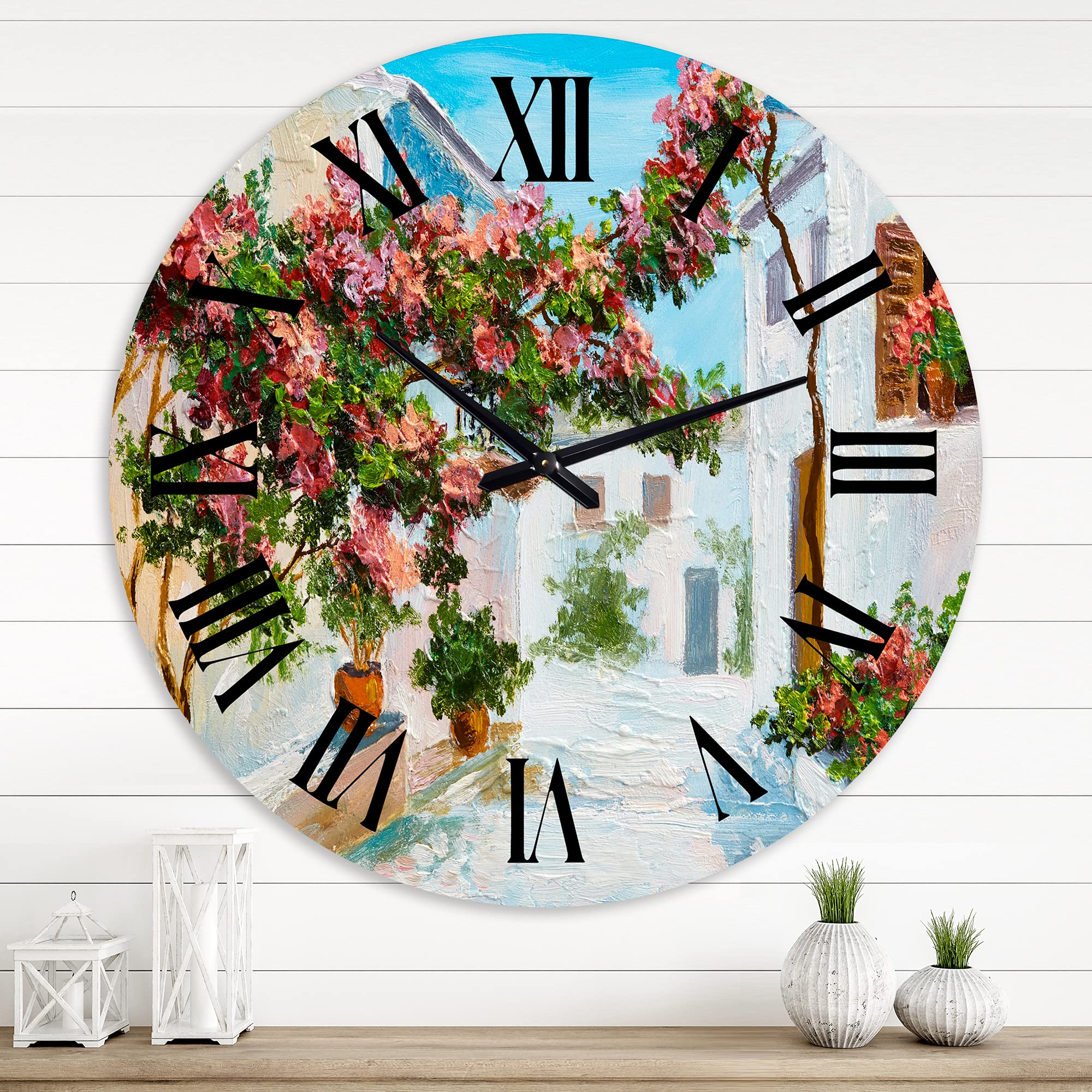 Coastal Wall Clock - White House with Blossoming Flowers by The Sea, Round Green Decorative Clock for Beach House, Living Room, Bedroom & Office Decor