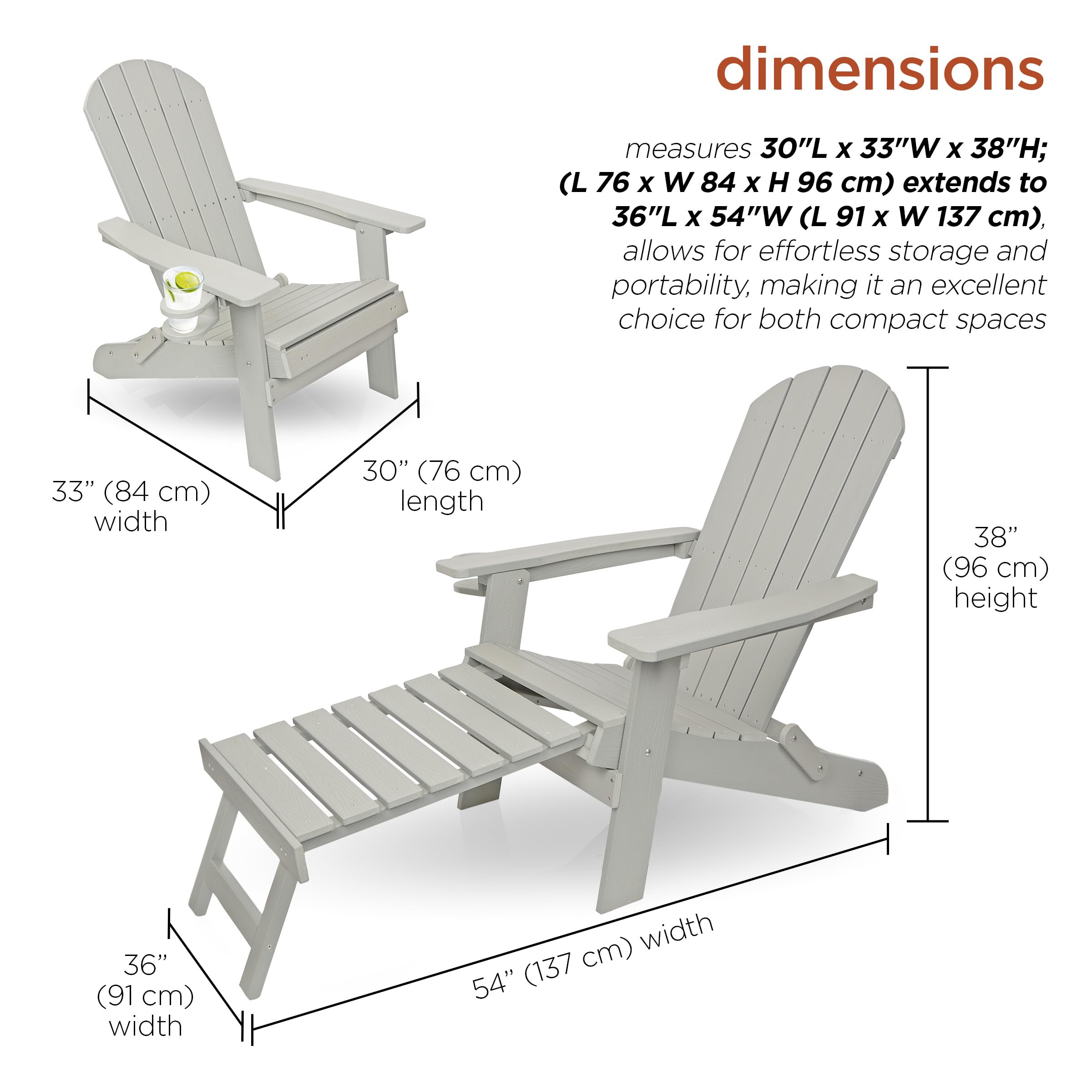 Alpine Corporation MFW104LGR Folding Adirondack Chair with Cup Holder & Ottoman - Outdoor Patio Furniture for Garden, Deck, Poolside & Backyard Relaxation - 38 Inch Height, Gray