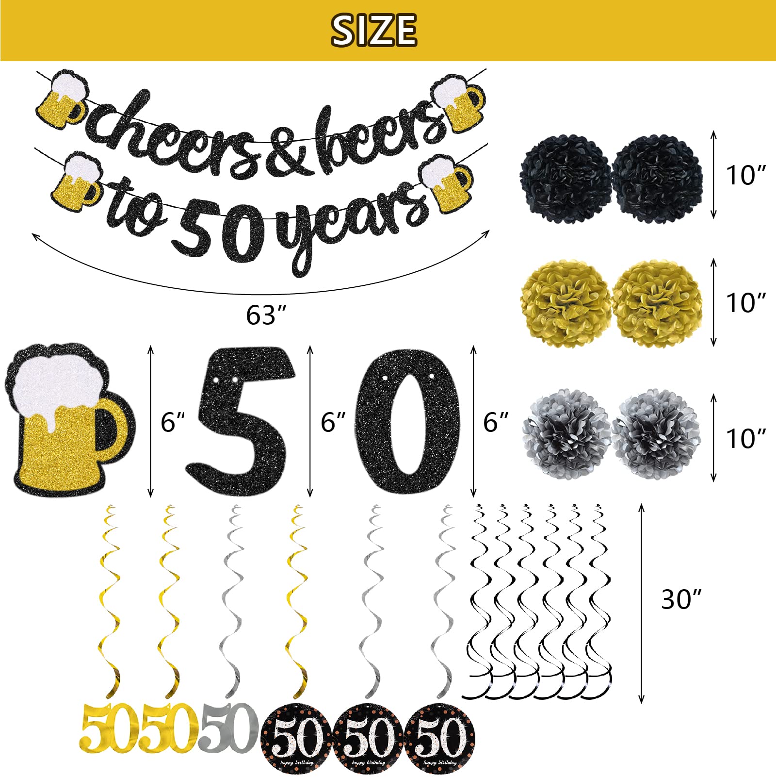 50th Birthday Party Decorations Kit for Men & Women - Cheers to 50 Years Banner, Pom Poms, Flowers & Sparkling Hanging Swirls - Perfect for 50th Birthday Celebrations, Wedding Parties & Anniversary Decor