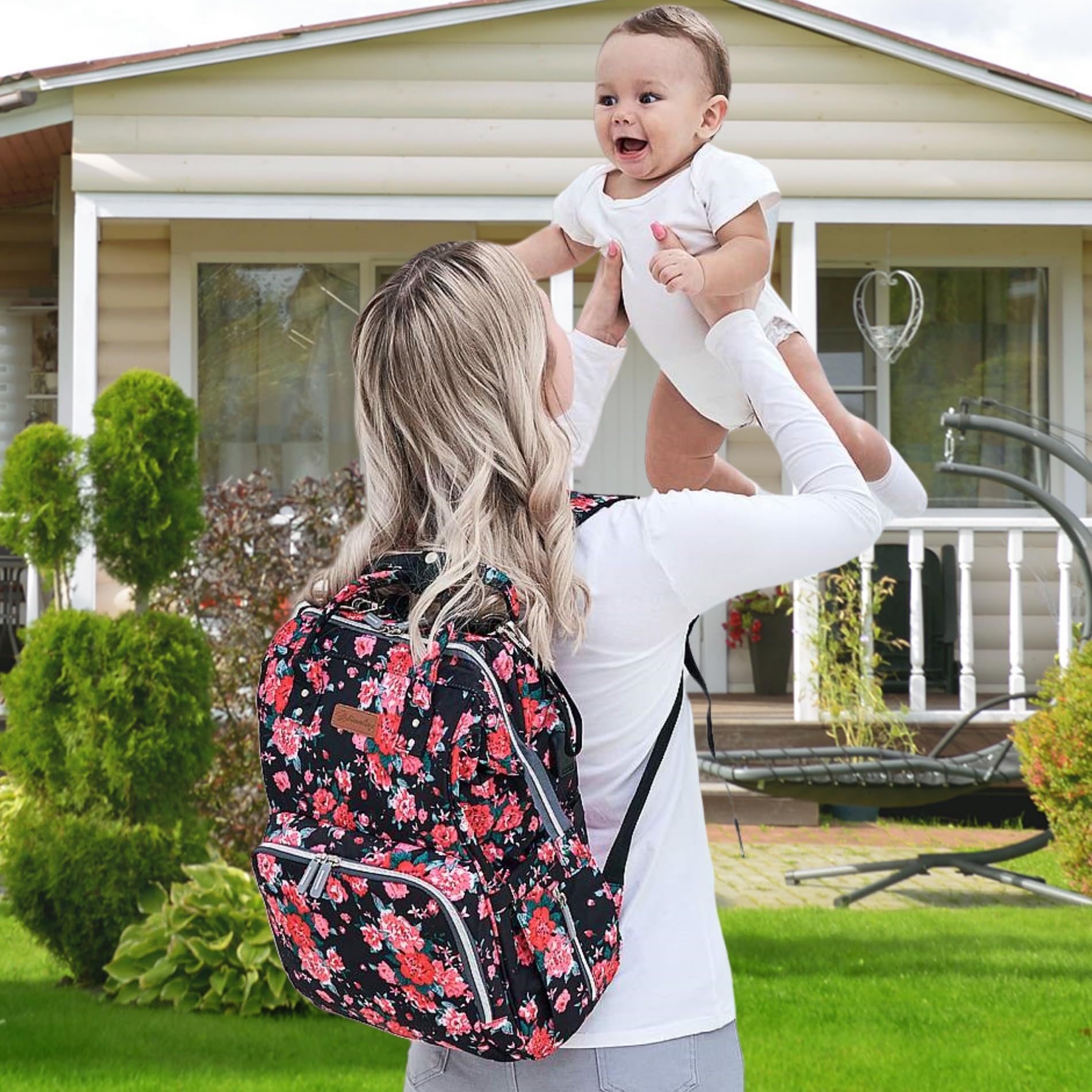 Floral Diaper Backpack for Women - Waterproof Baby Bag with USB Charging Port, Stroller Straps & Insulated Bottle Pocket - Large Travel Nappy Backpack for Moms (Red Flower Pattern) | Perfect for Daycare, Park Outings & Family Trips