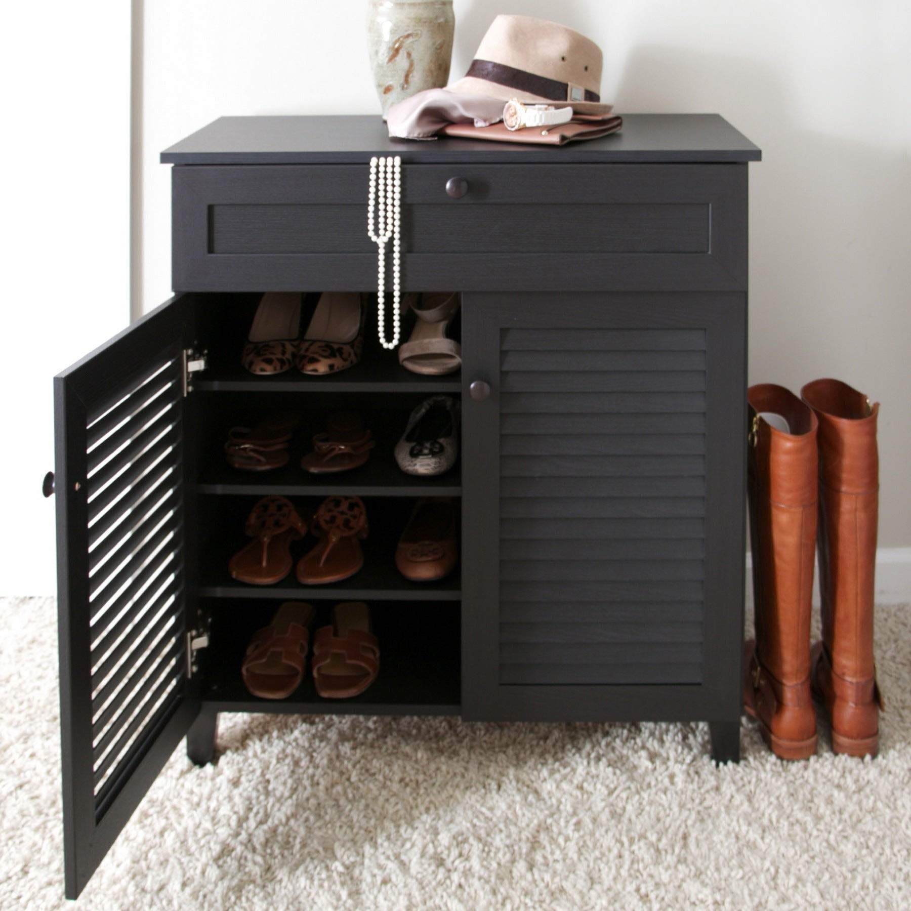 Modern Brown Espresso Wood Multi-Purpose Cabinet with Drawers - MDF Finish, Solid Construction for Living Room, Bedroom, or Office Storage