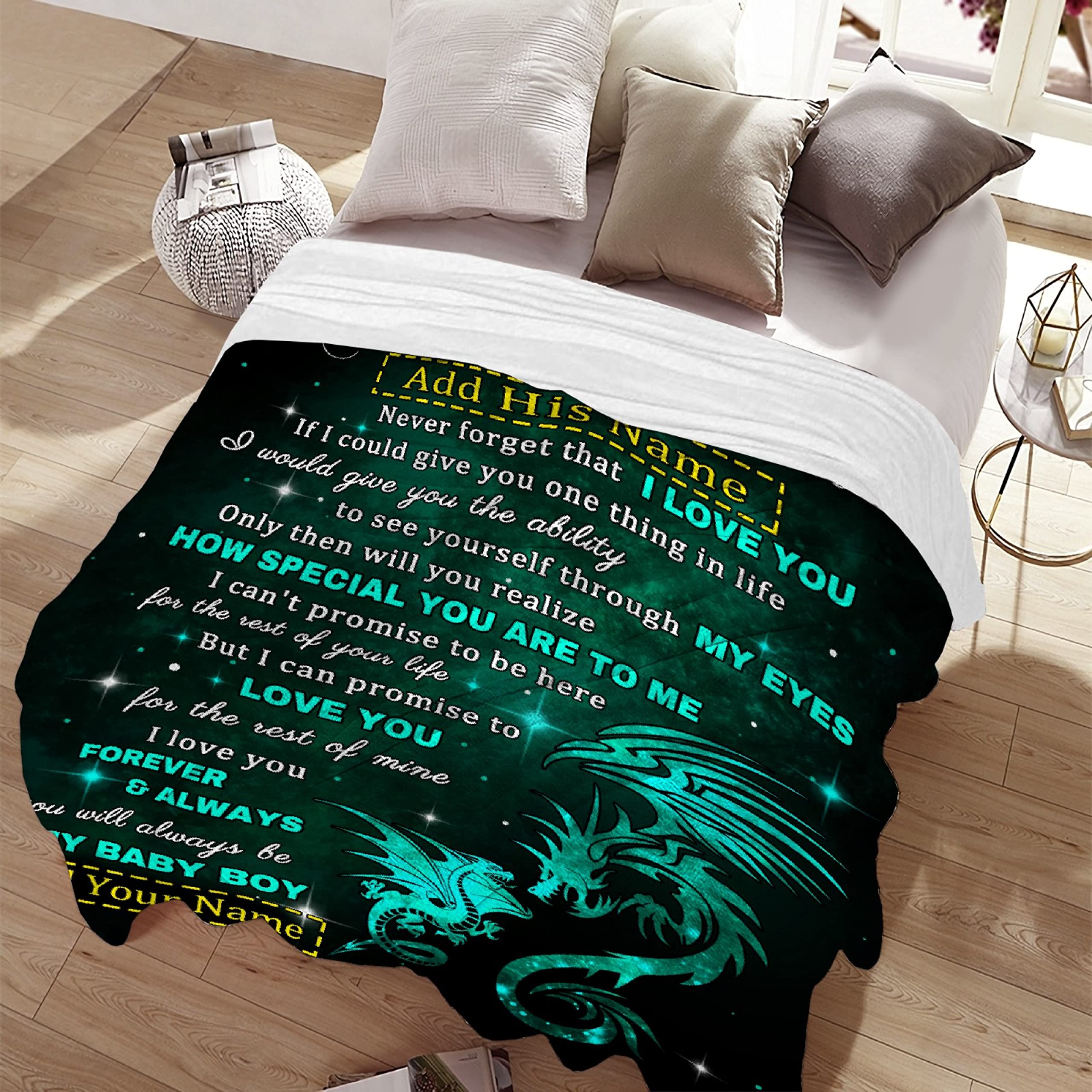 Personalized Dragon Blanket for Son - Custom Name Gift from Mom & Dad | 90x120 Inch Lightweight Flannel Throw Blanket for Boys & Men | Super Soft Comfy Blanket for Birthday, Christmas, Couch, Sofa Decor | Perfect for Snuggling, Gifting & Home Decoration