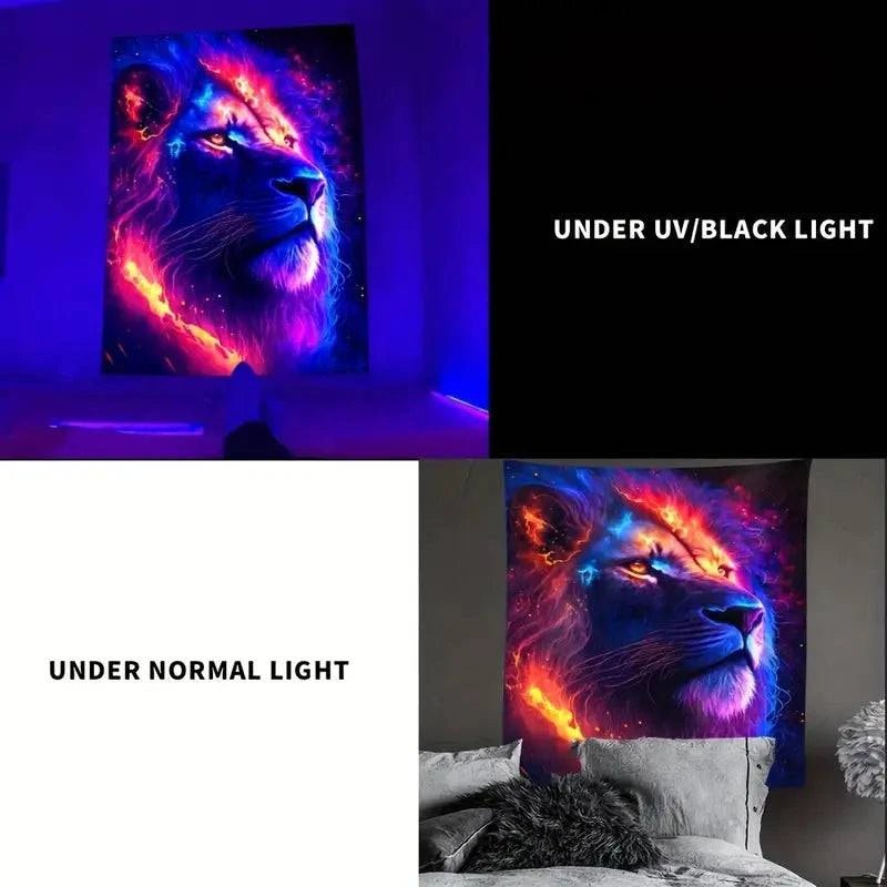 Lion Tapestry Wall Hanging - UV Reactive Glow in The Dark Art Decor for Bedroom, Dorm & Festival - Unique Hippie Boho Tapestry for Home Decor