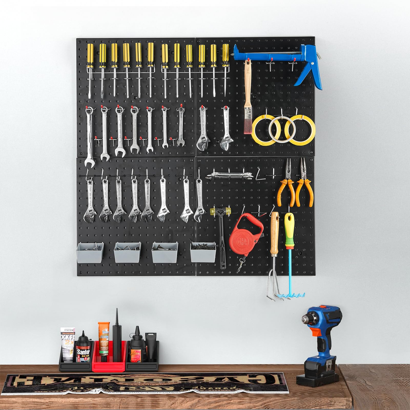 16x16 Inch Pegboard Wall Organizer Panels - 2 Pack Black Metal Peg Board for Tool Storage & Workshop Organization | Garage, Shed, Workbench & DIY Projects