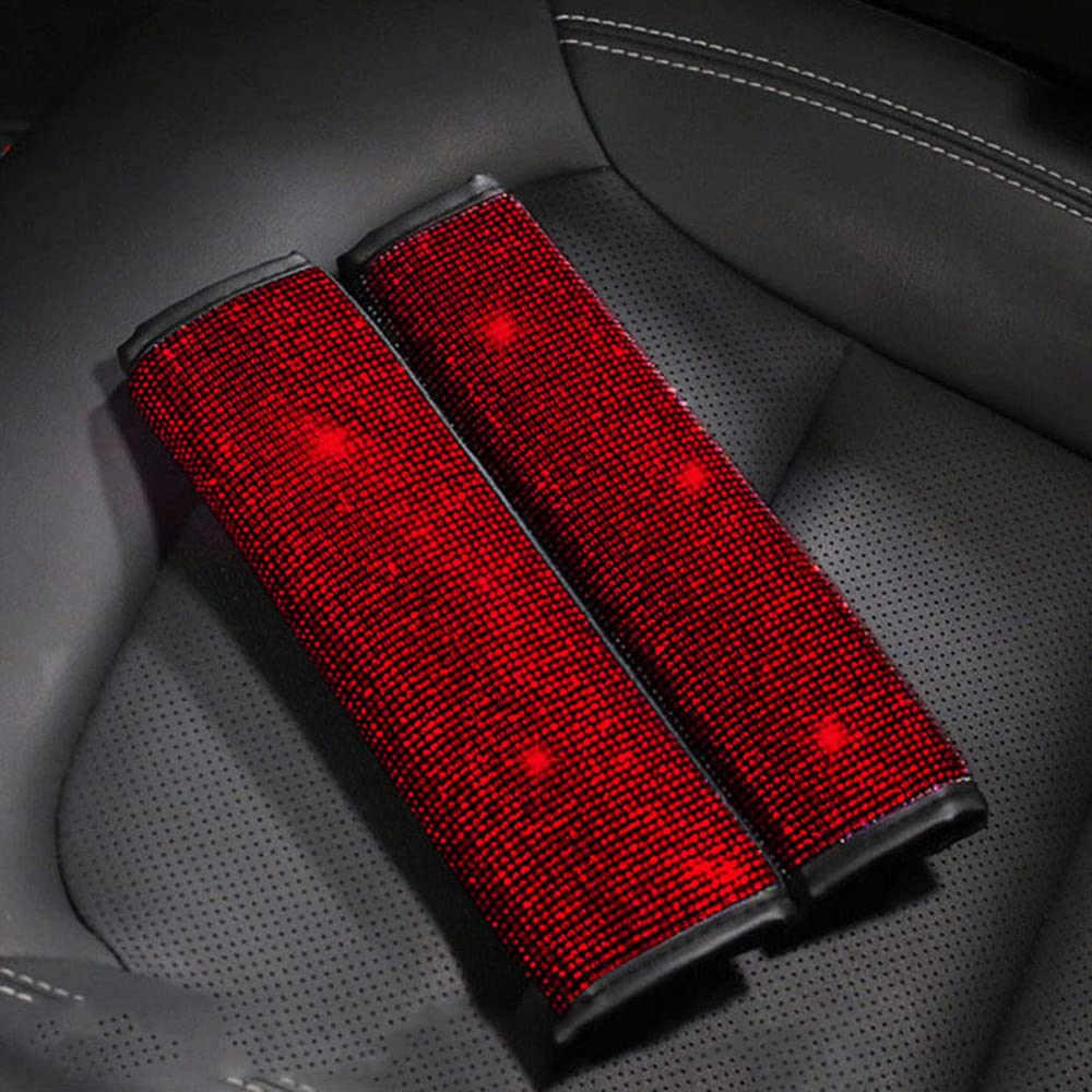 2PCS Crystal Diamond Car Seat Belt Covers - Bling Bling Shoulder Pads for Women & Girls (Red) | Comfort & Style for Commuting, Road Trips & Daily Driving