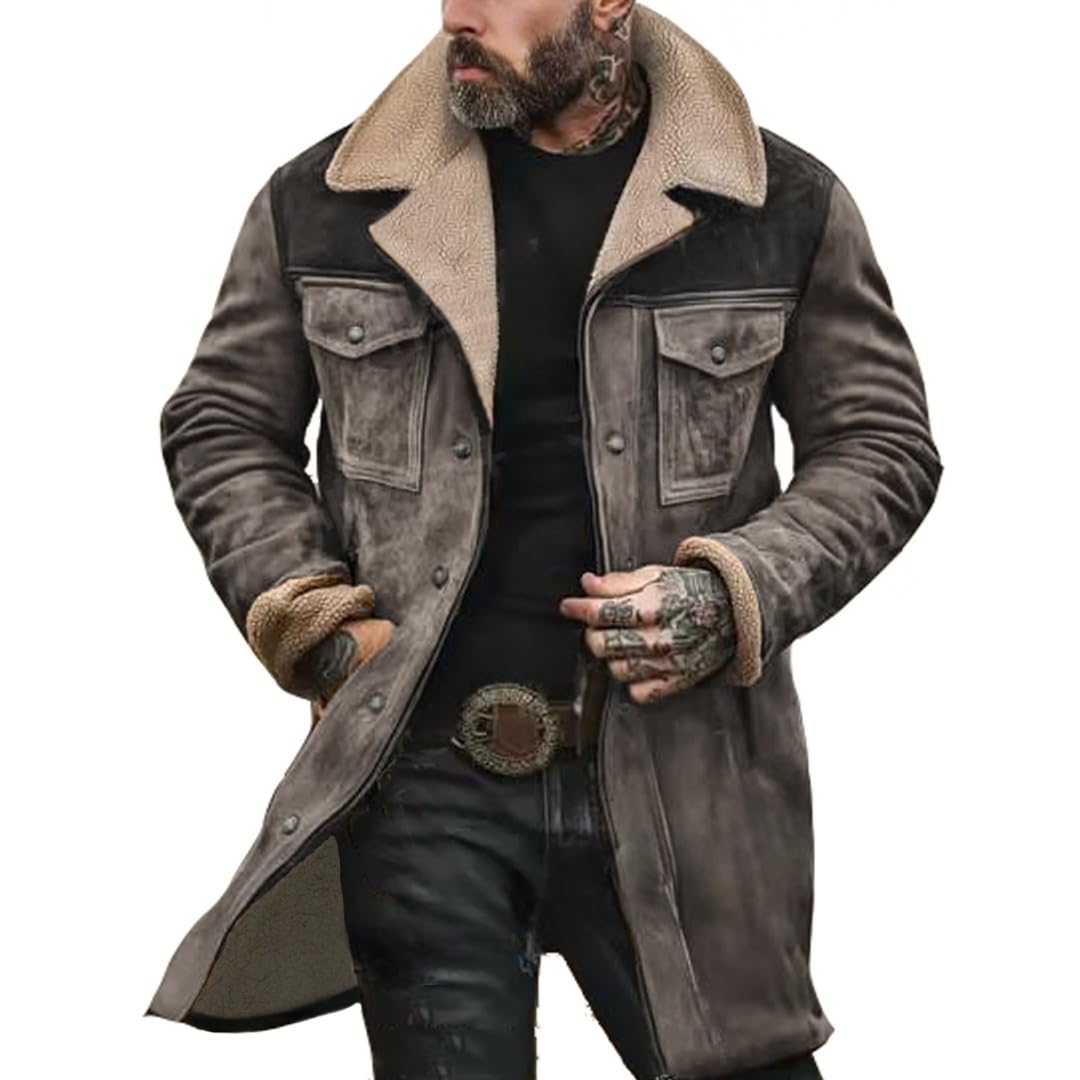 Vintage Suede Pocket Plush Reversible Collar Men's Outdoor Jacket - Western Windbreaker Coat for Hiking, Camping & Casual Wear
