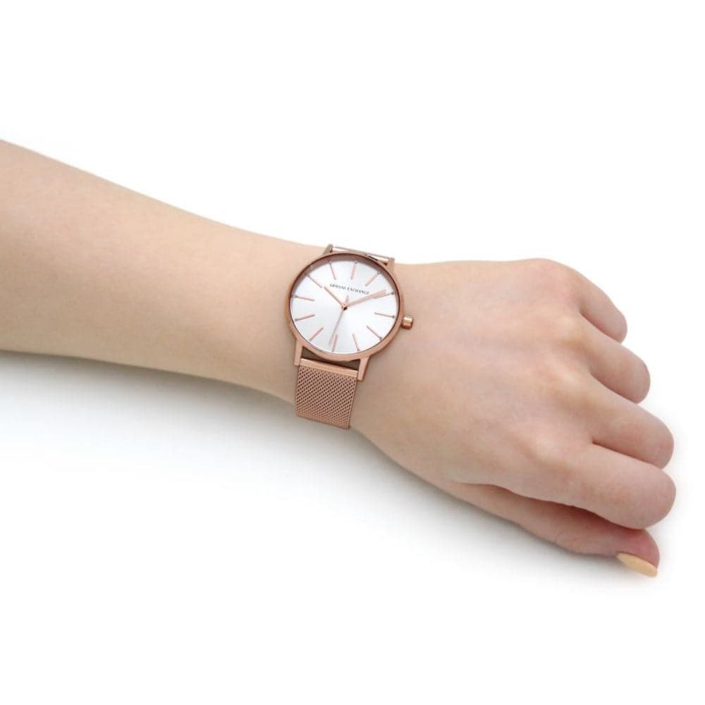 Armani Exchange AX5573 Women's Watch - Silver Dial & Rose Gold Milanese Strap | Fashion Accessory for Office, Party & Everyday Wear