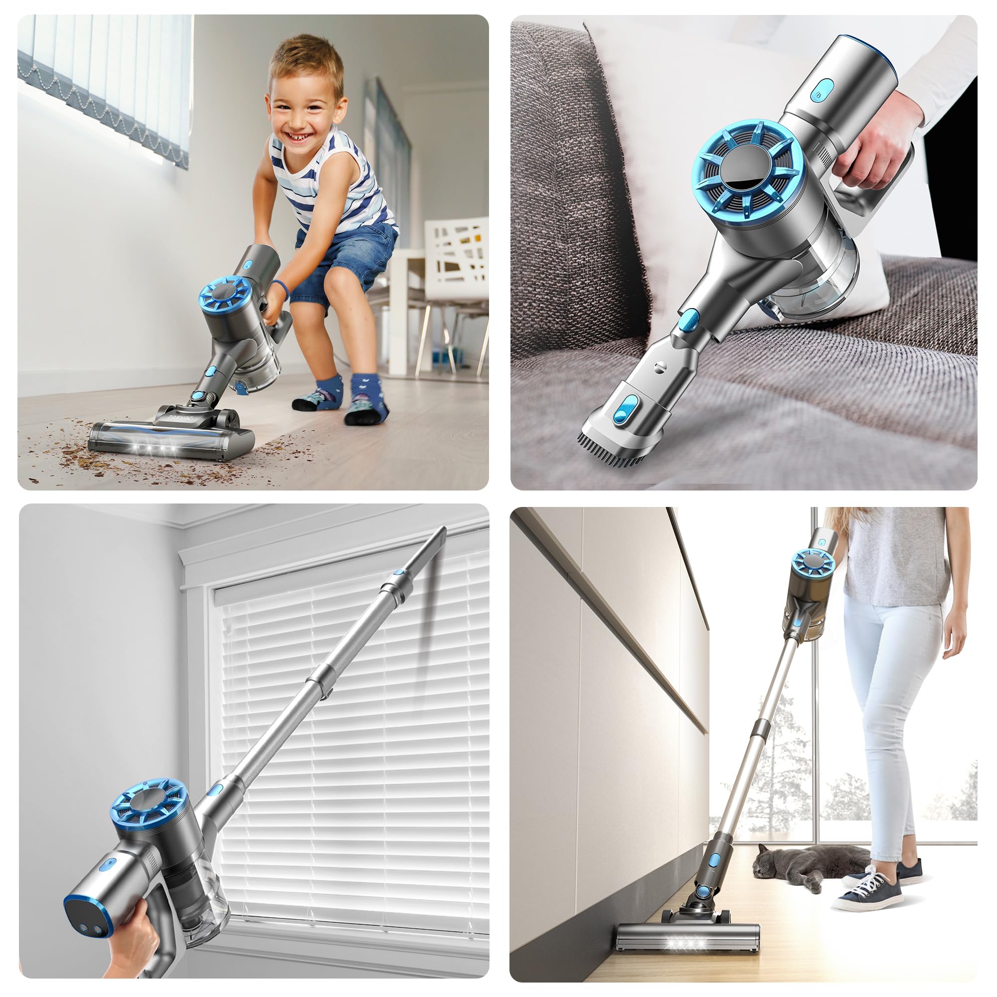 Vazone Cordless Stick Vacuum Cleaner - Lightweight, Self-Standing with Rechargeable Battery & LED Display - Ideal for Hardwood Floors & Pet Hair - Perfect for Home, Apartment, and Office Cleaning (Blue)