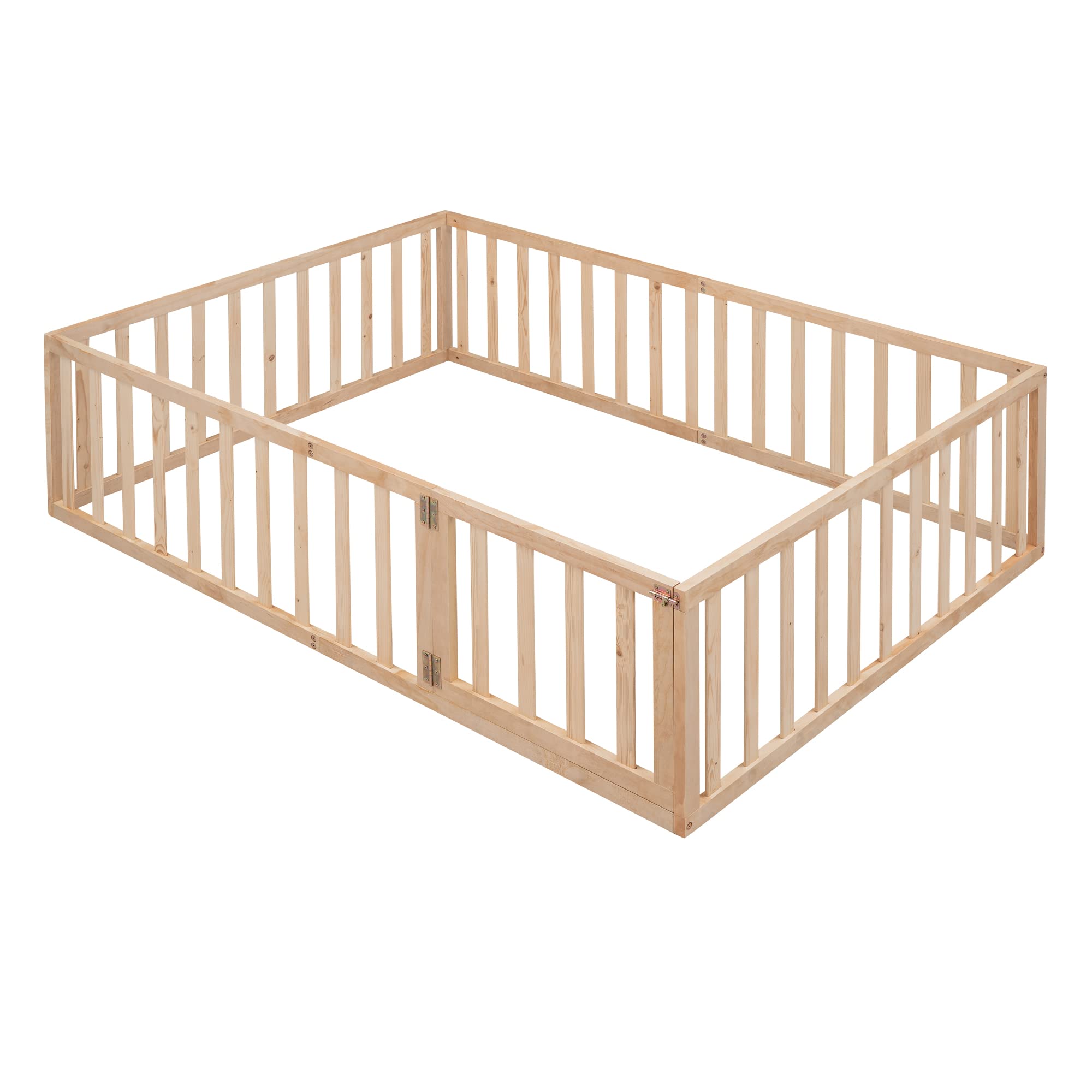 MERITLINE Full Size Wooden Bed Frame with Safety Fence for Kids Over 6 Years | Montessori Floor Bed with Door | Easy Assembly, No Box Spring Needed (Natural) - Perfect for Kids' Bedrooms, Playrooms & Montessori Learning Spaces