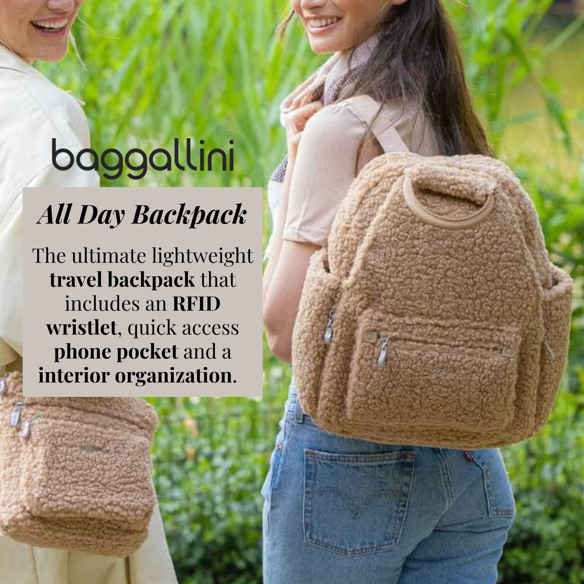 Baggallini Women's RFID Anti-Theft Backpack with Phone Wristlet - Lightweight Travel Backpack for Work, School & Commuting - Taupe Faux Shearling Daypack for Laptops & Essentials