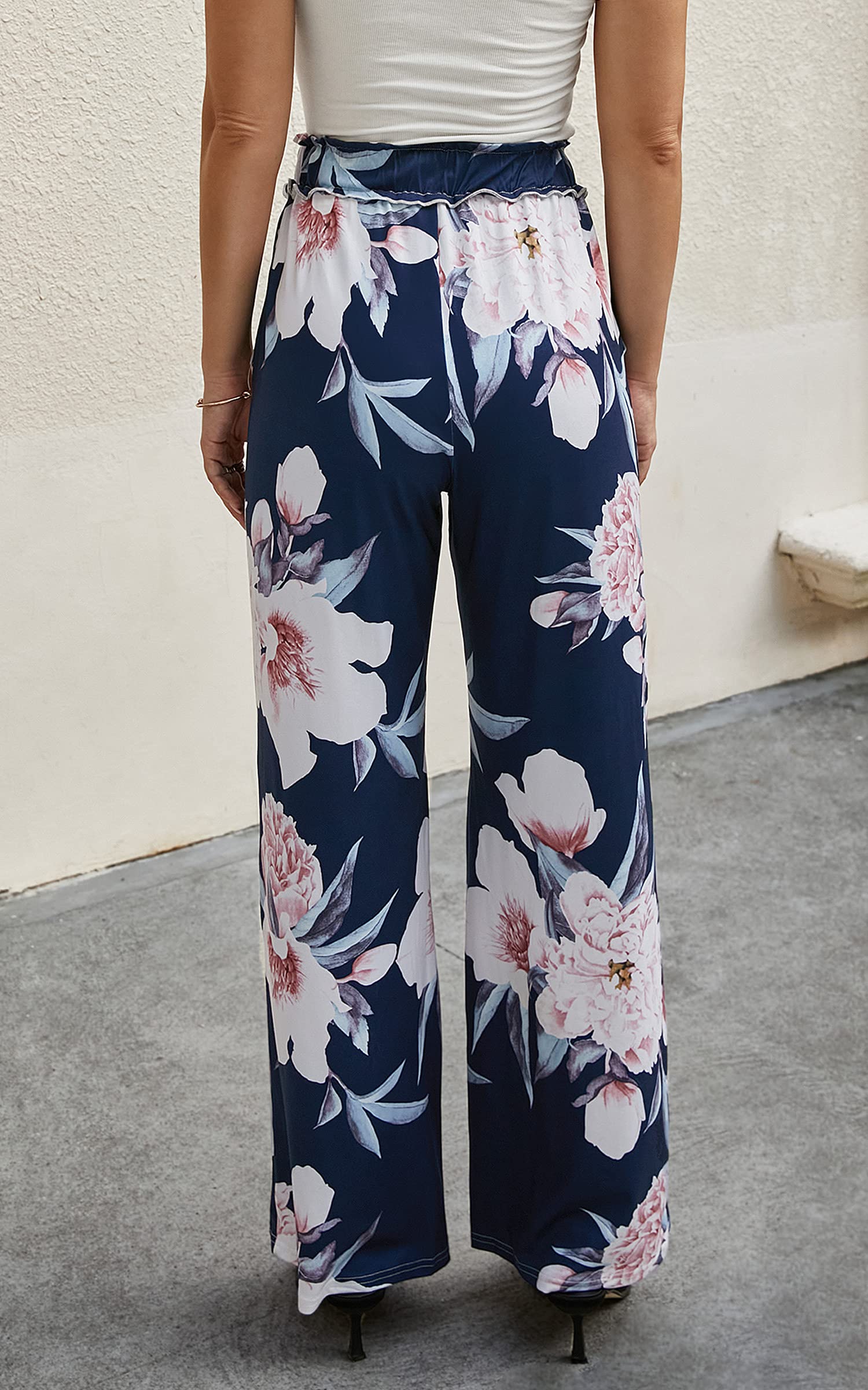 ECOWISH Women's Wide Leg Palazzo Pants - High Waist Flared Trousers with Pockets | Tropical Floral Print Casual Summer Pants 2025 | Perfect for Beach Vacations, Office Wear & Boho Fashion
