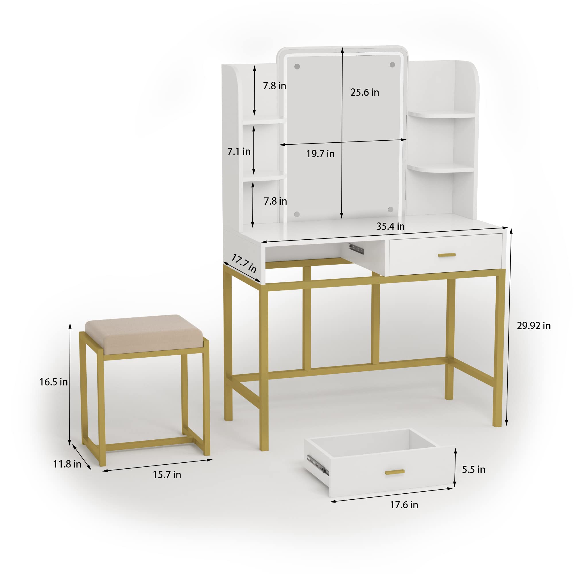 Lighted Makeup Vanity Set with Mirror & Stool - Gold-White Dresser for Bedroom Beauty