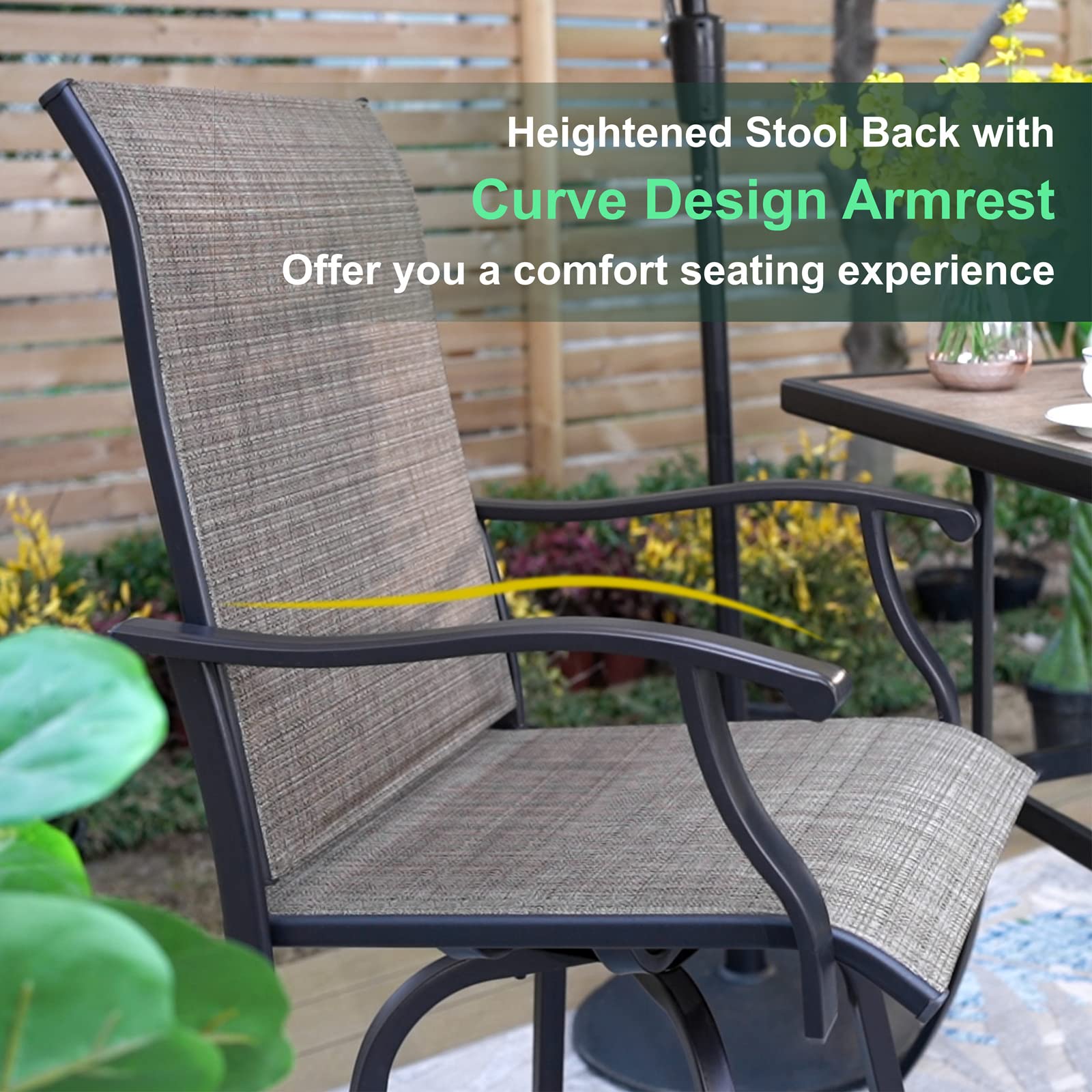 MFSTUDIO 2 Pack Outdoor Swivel Bar Stools - Patio Bar Height Chairs with Breathable Sling Fabric, All-Weather Resistant, Brown - Perfect for Backyard, Deck, Poolside & Garden Use