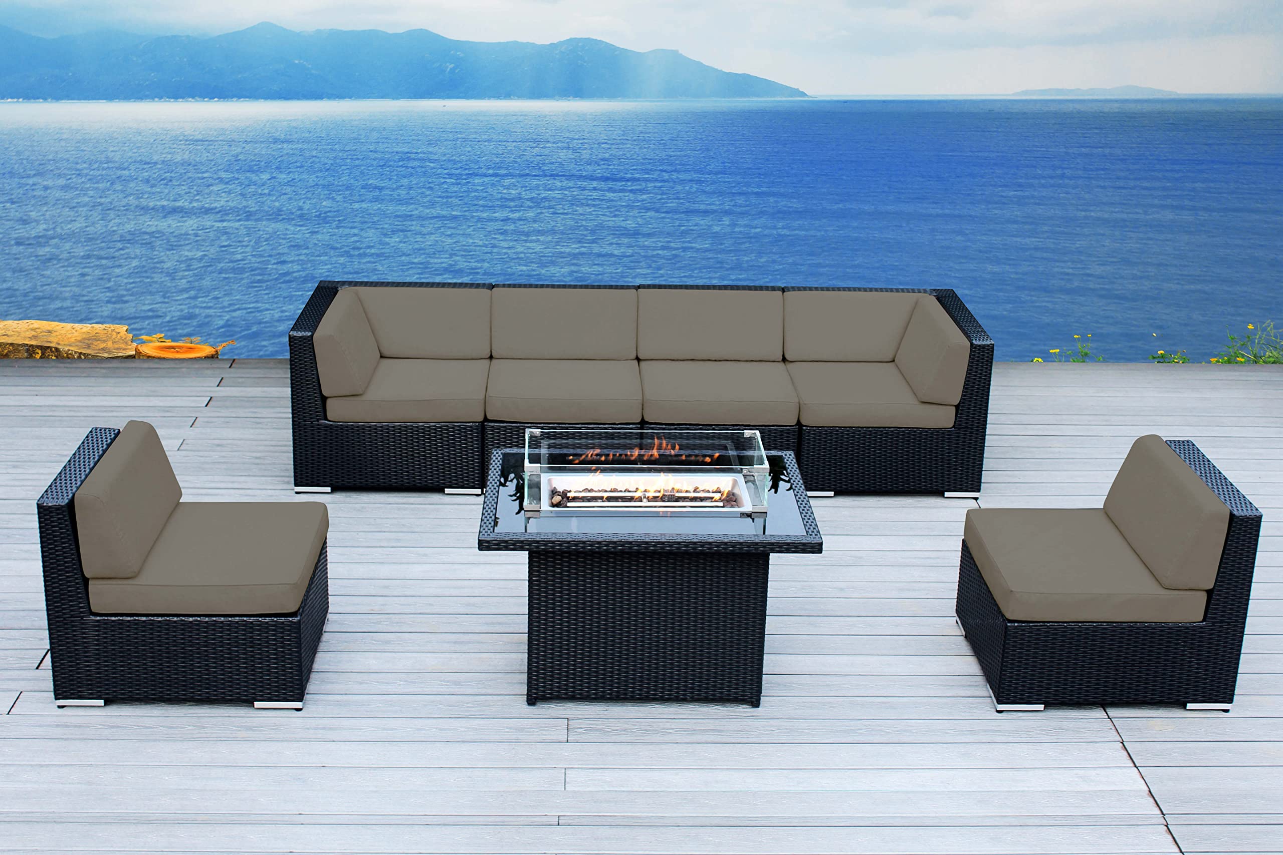 7-Piece Black Wicker Patio Furniture Set with 42