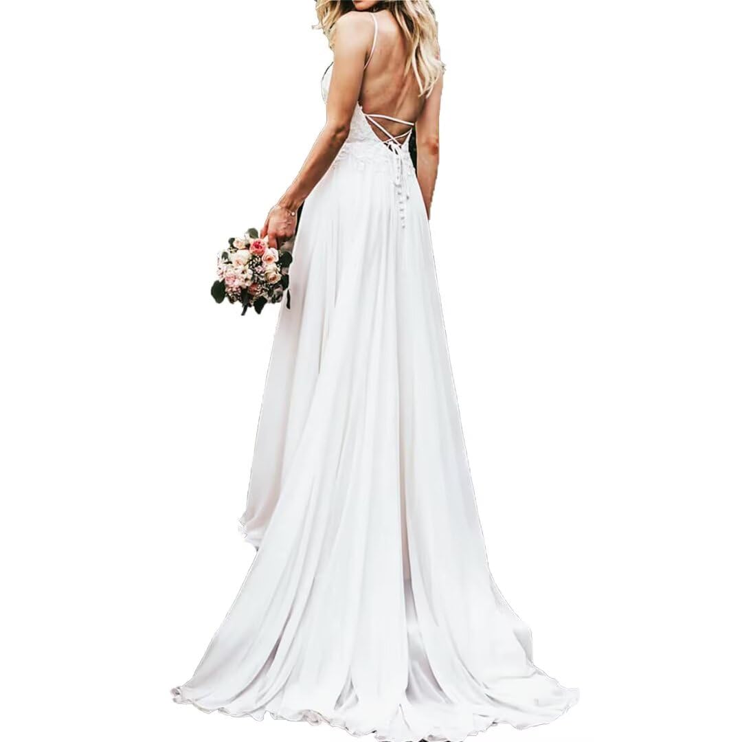 Dexinyuan 2024 Simple Beach Wedding Dresses for Bride - Chiffon Lace A-Line Backless Bohemian Bridal Gown for Women | Perfect for Destination Weddings, Beach Elopements & Boho Bridal Photoshoots