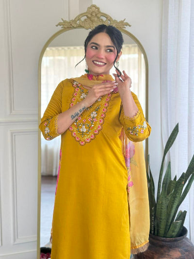 Elegant Yellow Chanderi Straight Suit with Floral Organza Dupatta - Traditional Indian Ethnic Wear for Weddings, Festivals & Special Occasions