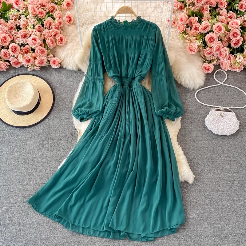 Elegant Stand Collar Chiffon Dress for Women - Long Sleeve Maxi Dress with Flowy Skirt | Perfect for Fall Weddings, Parties & Office Wear (Style 1381)