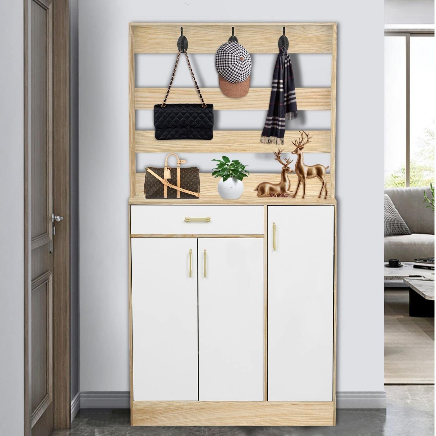 Yellow Solid MDF Wood Finish Entryway Cabinet - Coat Rack & Shoe Storage Organizer for Hallway, Living Room, and Bedroom