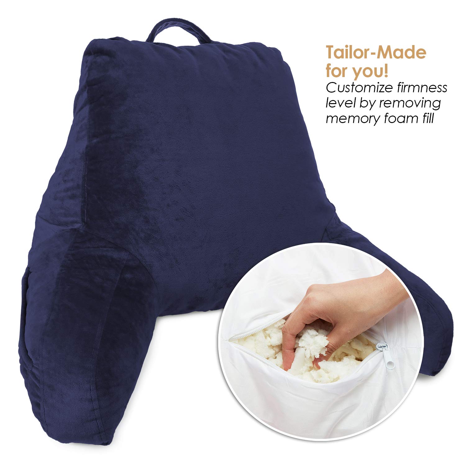 Clara Clark Kids Reading Pillow - Memory Foam Back Support Cushion with Arms & Pockets for Sitting in Bed - Navy Blue Gaming Pillow for Children's Bedroom, Study & Relaxation