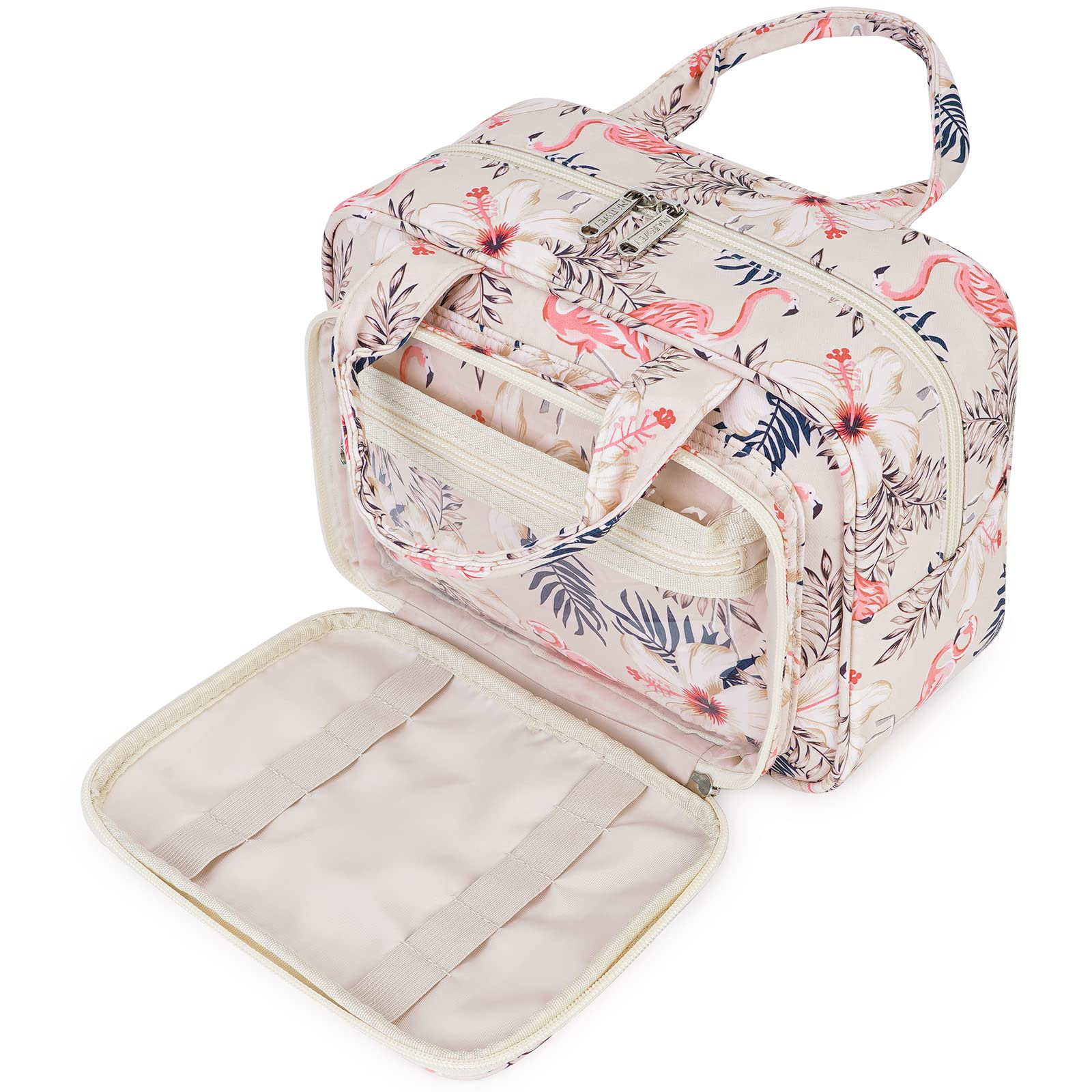 Large Travel Toiletry Bag for Women - Full Size Cosmetic Organizer with Multiple Pockets, Waterproof Makeup Bag (Beige Bird Print) - Perfect for Vacation, Gym, Business Trips & Daily Essentials Storage