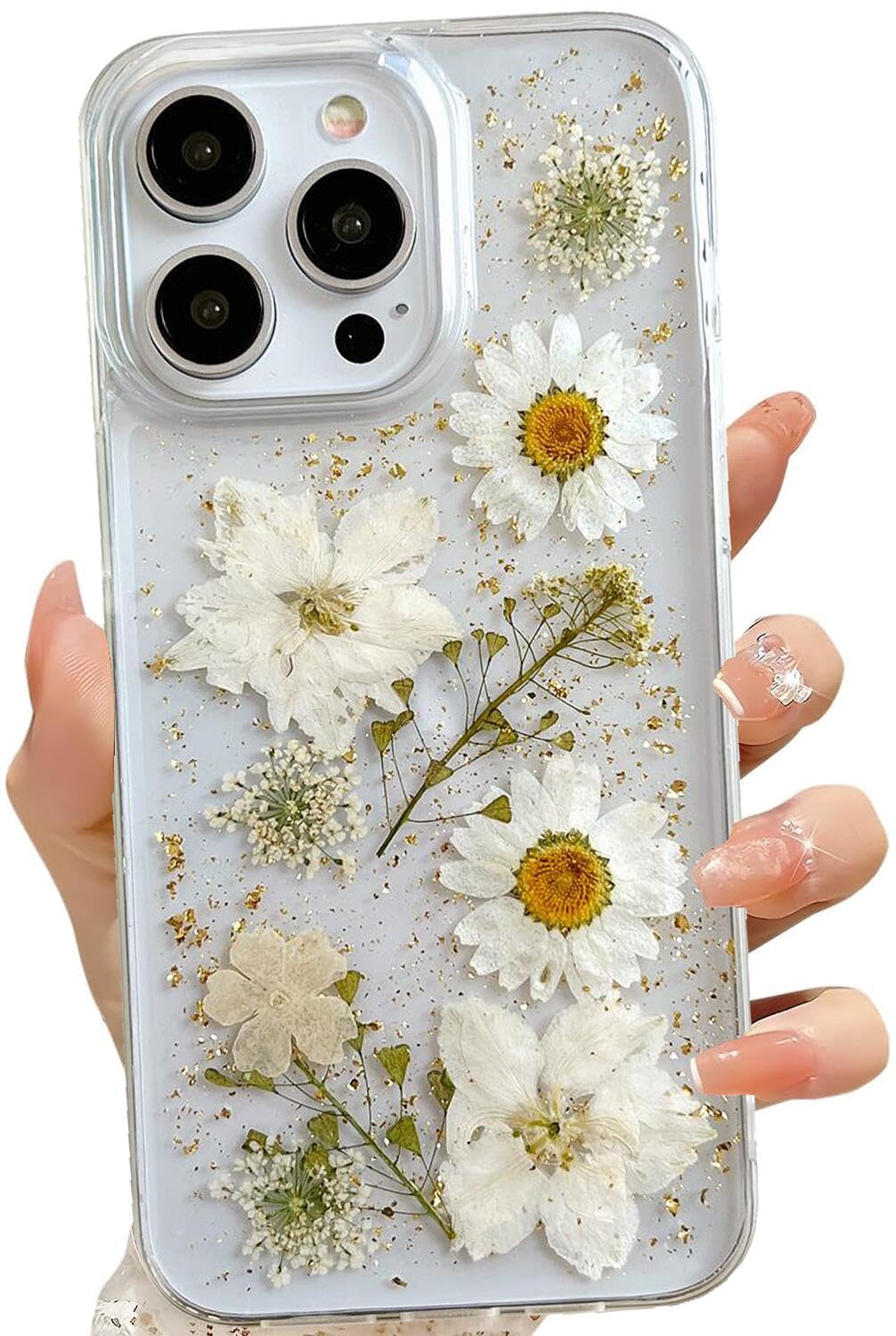 Premium Clear iPhone 15 Pro Max Case with Pressed Real Flowers & Glitter - Slim Soft TPU Protective Cover with Elegant White Floral Design for Women | Perfect for Everyday Use, Gift Giving & Fashion Accessories